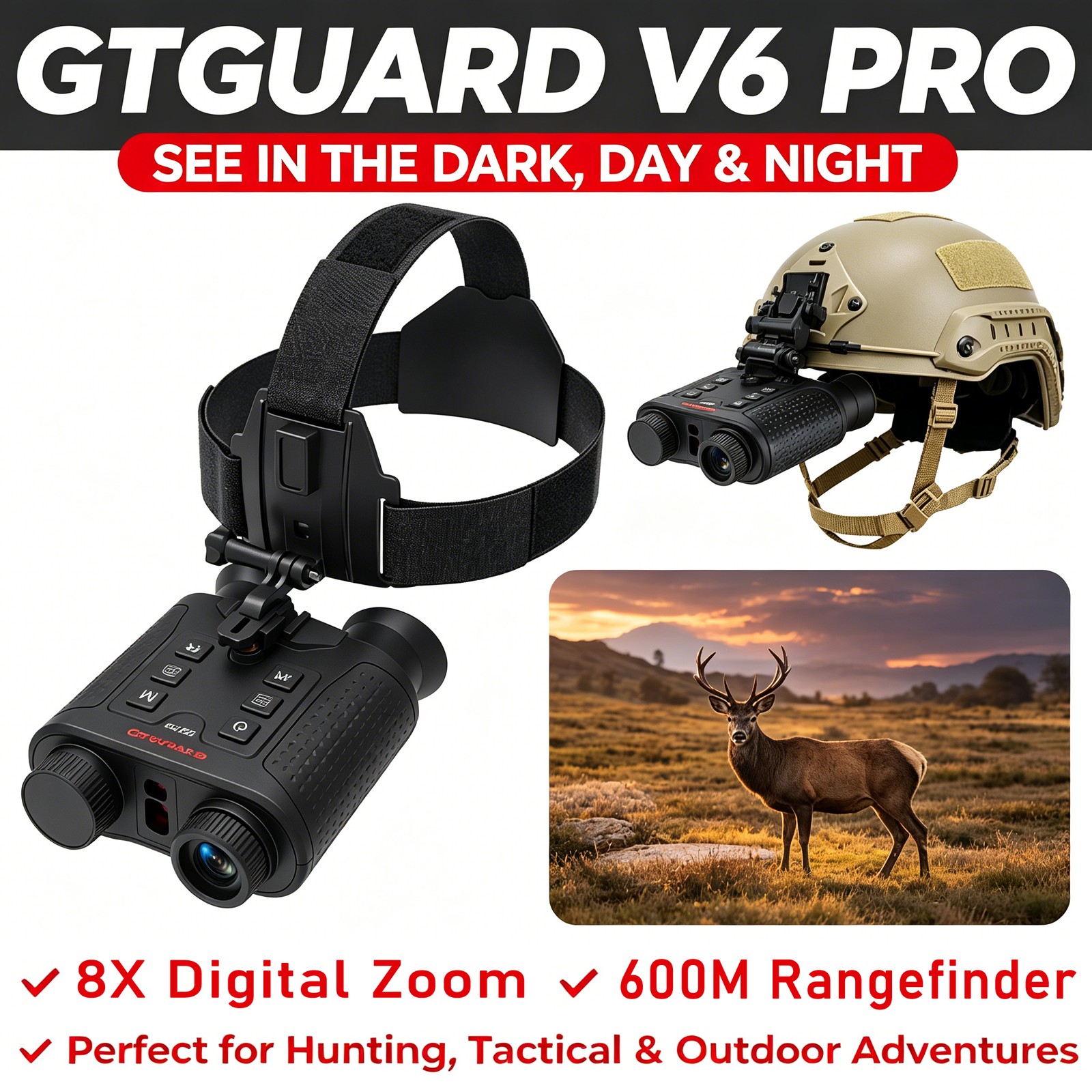 GTGUARD V6PRO 4K Night Vision Binoculars with 600M Rangefinder 8X Zoom Telescope