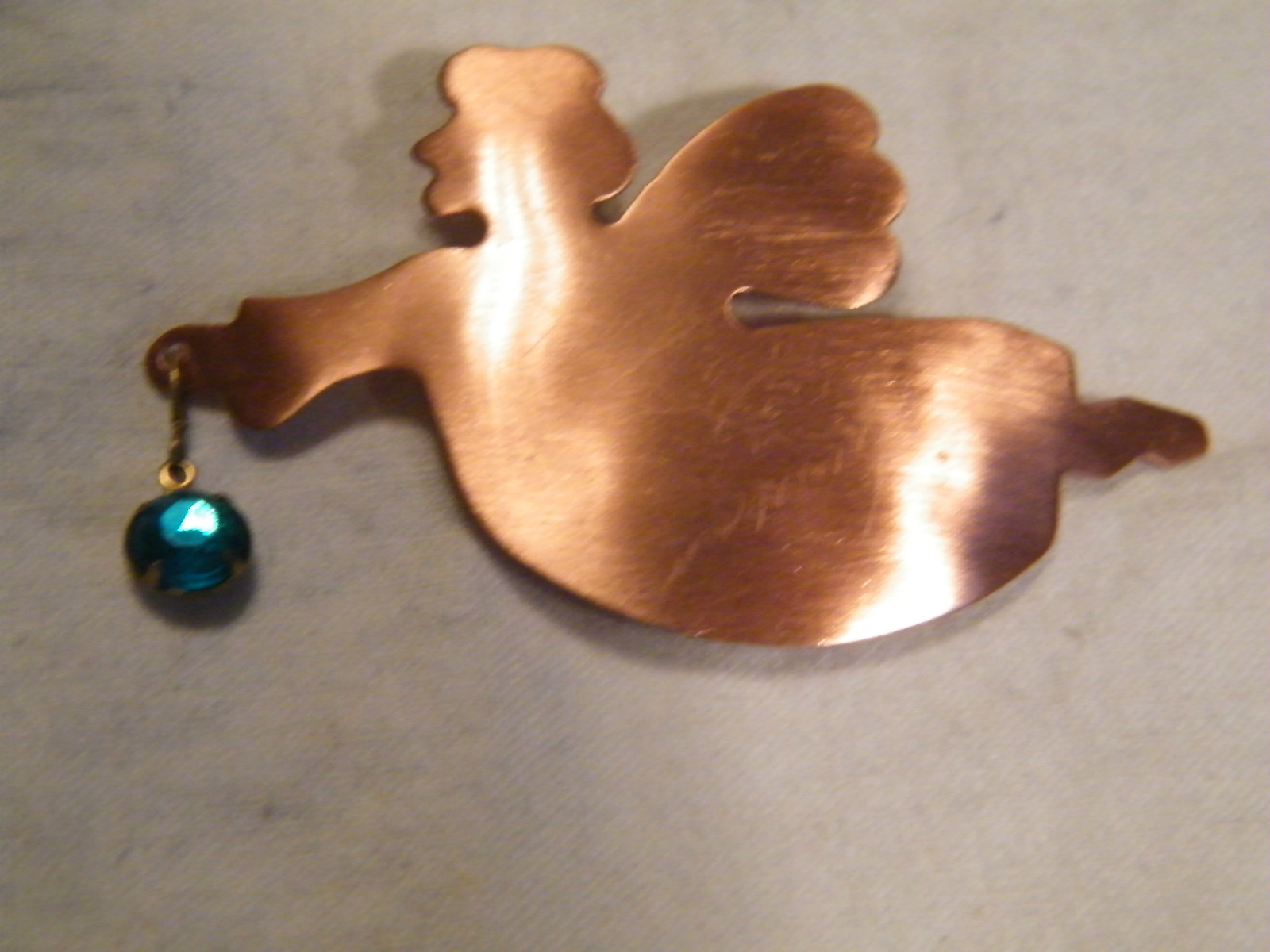 Brooch Pin Copper Tone Angel Dangling Teal Rhinestone 2 1/2 x 1 1/2 Inch