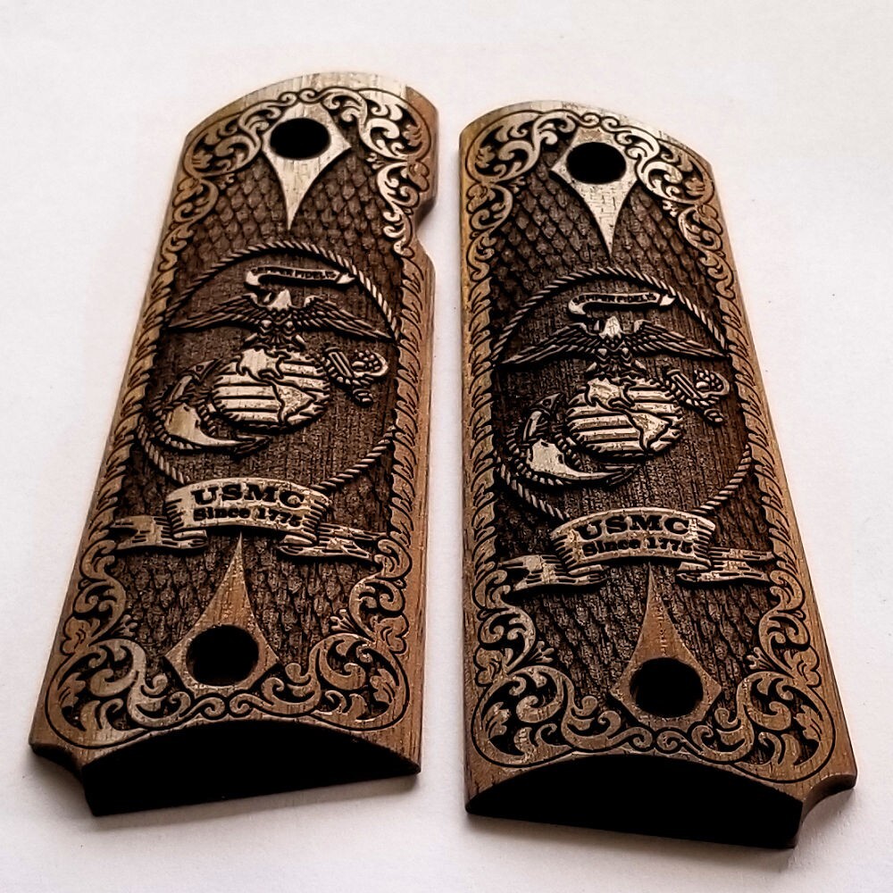 1911 full size 3D engraved walnut wood grips Marines Semper Fidelis Scroll