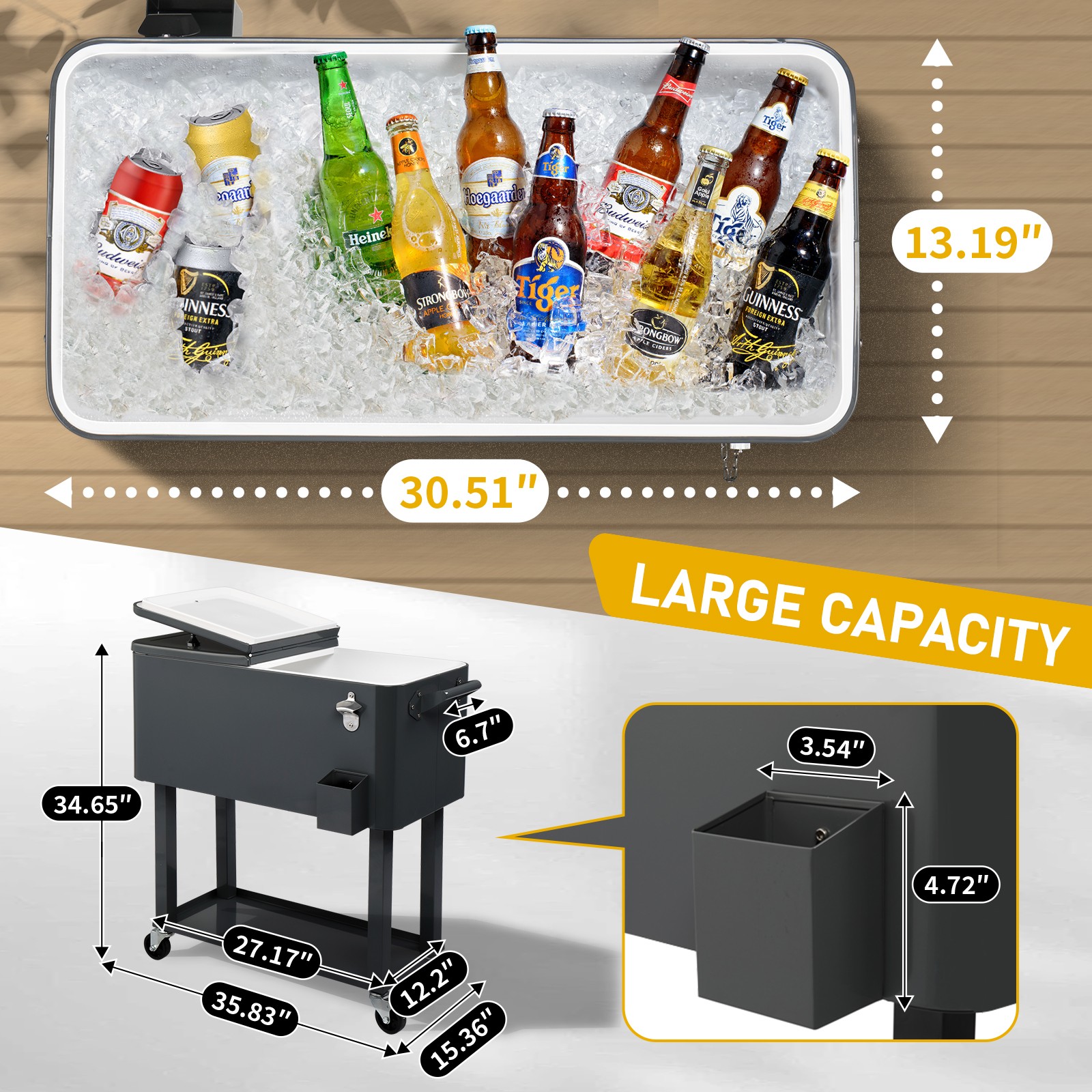 80QT Rectangular Plastic Box, Iron Foot Tube Insulation Cart, Dark Grey
