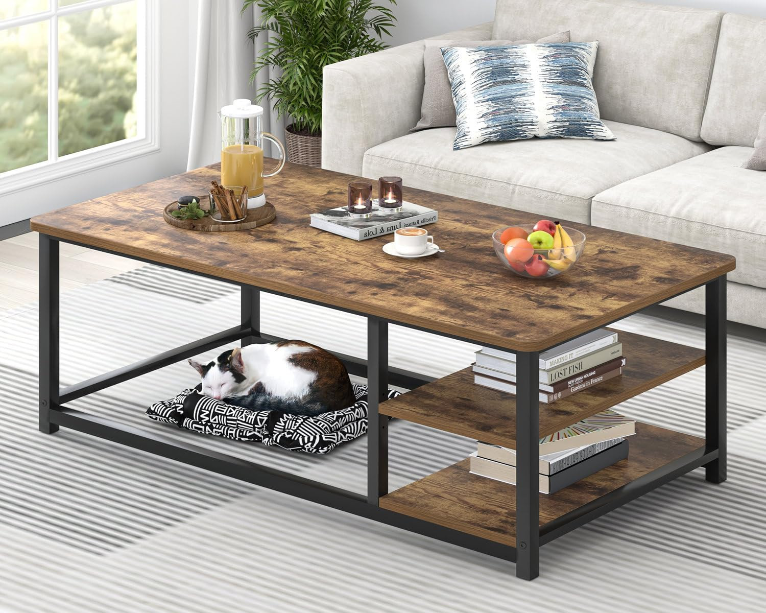 Modern Coffee Table, Rustic Wood and Metal Living Room Table with Storage Shelf,