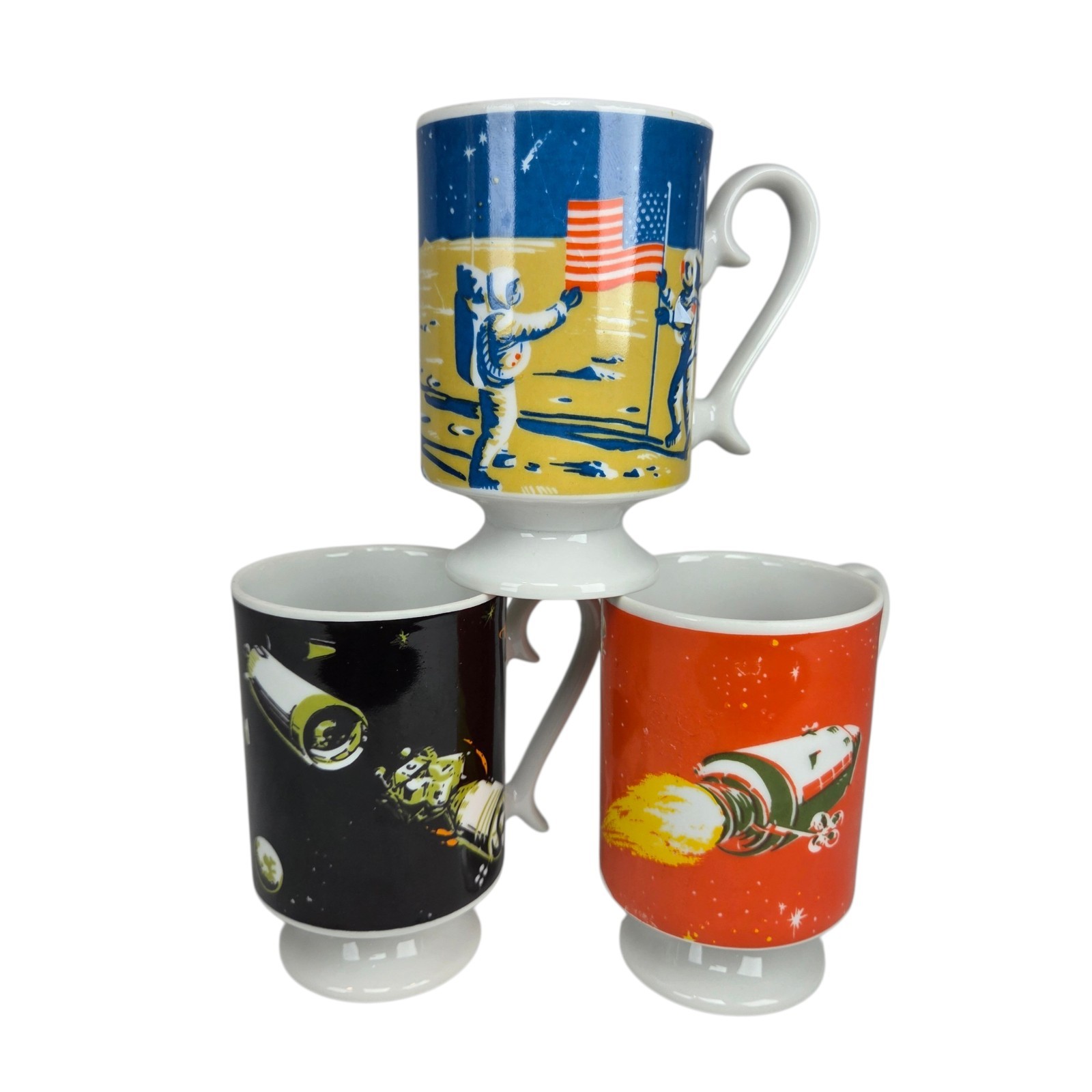 Lot of (3) Vintage 8oz Footed Space Travel Mugs NASA Artemis