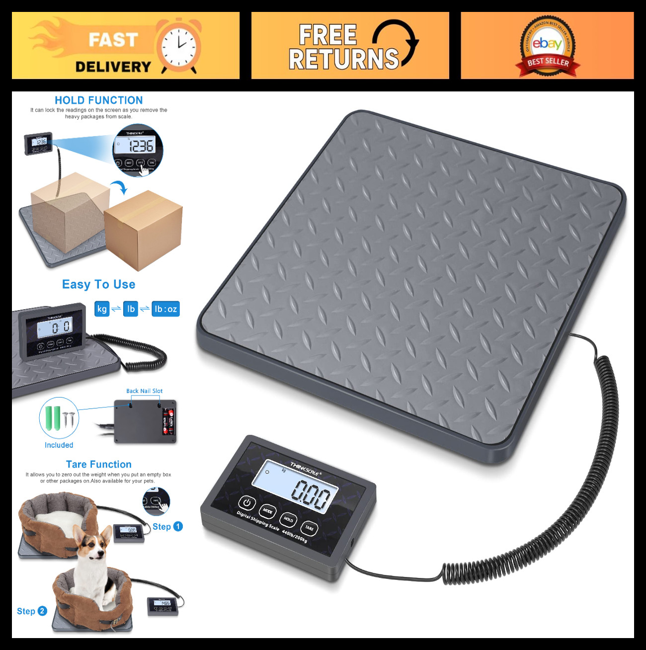 Digital Shipping Scale 440 lb x 1 oz - Tare & Hold, Non-Slip Platform, LCD Displ