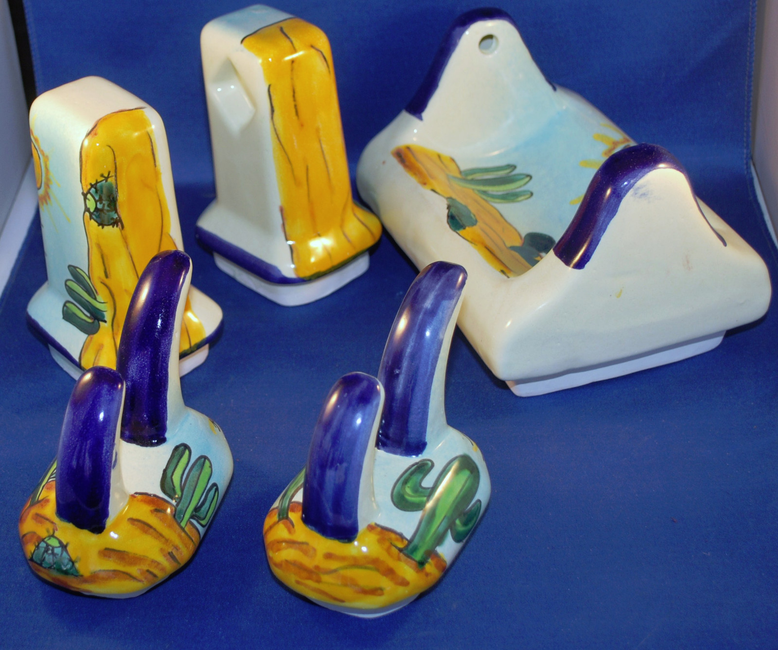 Southwest Bath Accessory Set Ceramic Tile Two Robe Hooks, TP holder, Towel Rack