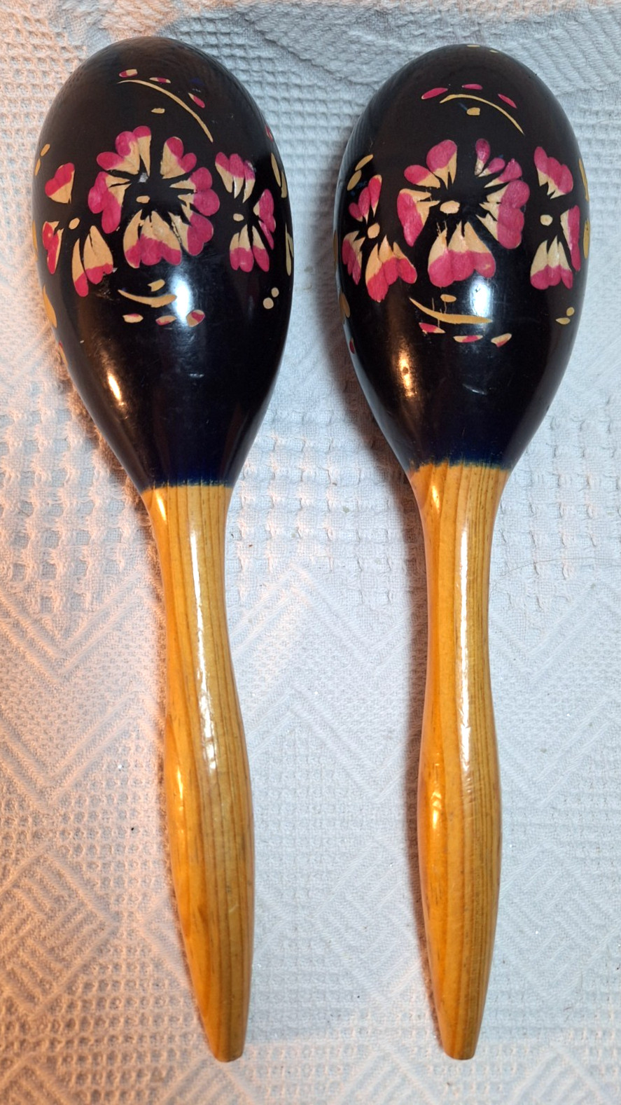 Pair Of Wood Maracas Percussion Instruments Carved Wood Hand Painted Flowers 55L