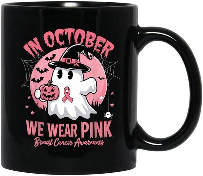 Breast Cancer Mug, Women Halloween In October We Wear Pink Black Coffee Mug