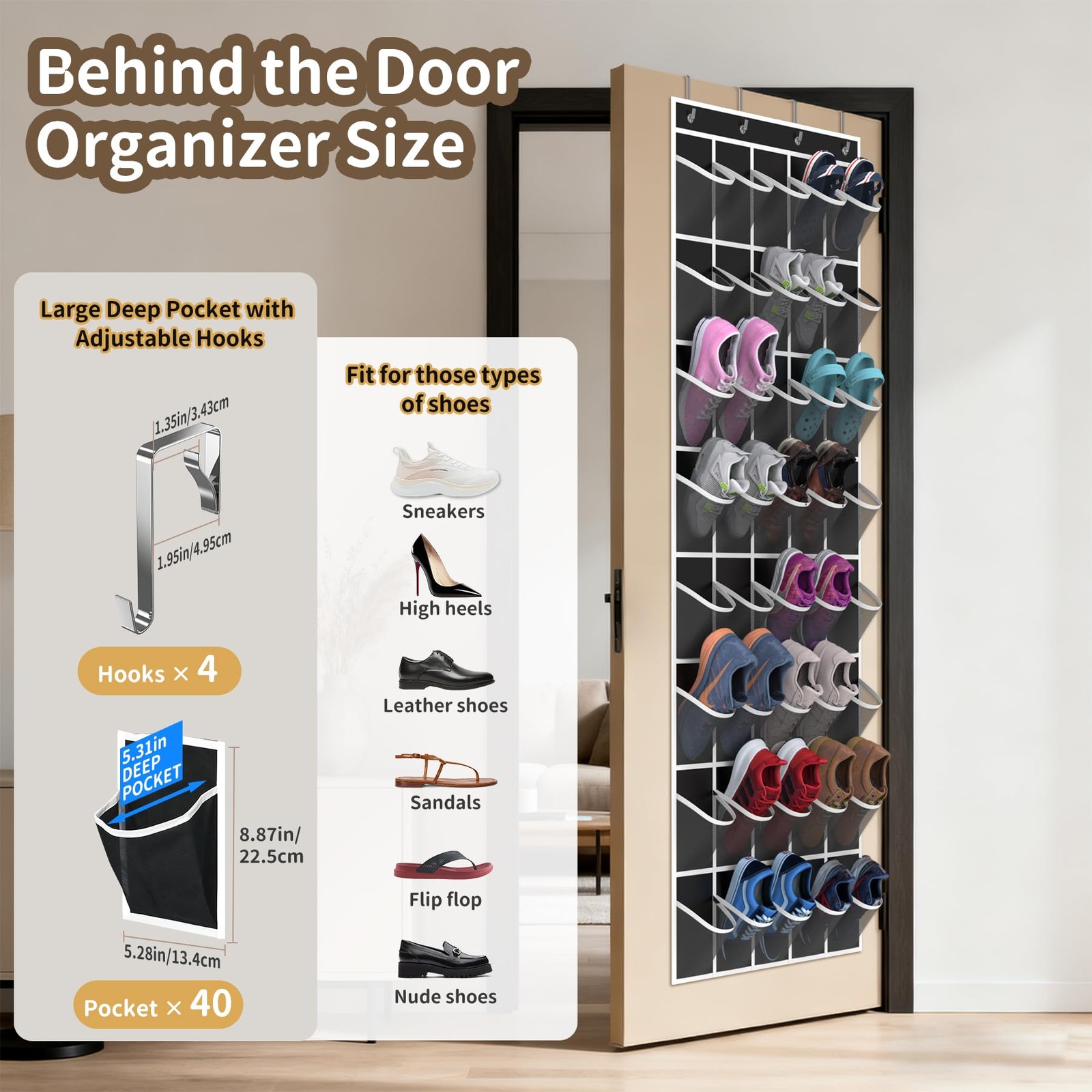 Over the Door Shoe Organizer with 40 Large Pockets, Multi-Purpose Storage for...