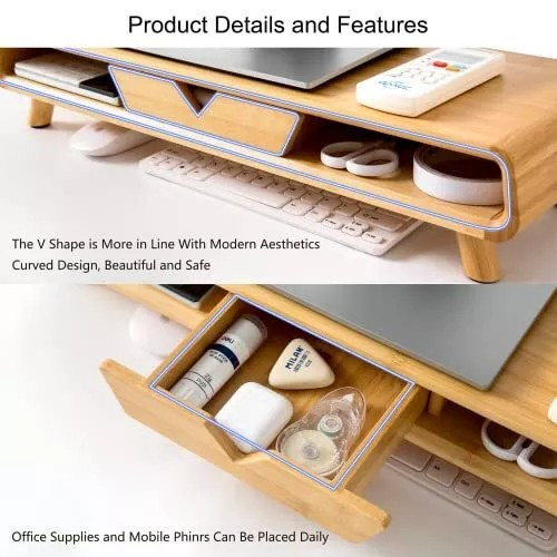 Homerays Bamboo Monitor Stand Riser, No Assembly Required, Ergonomic Bamboo Wood