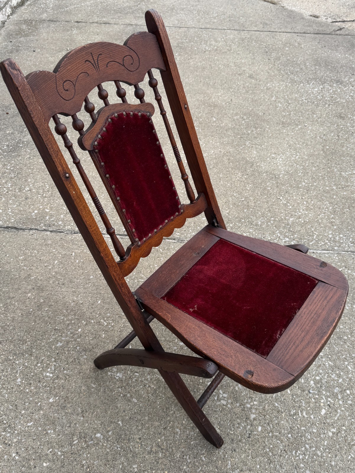 Vintage Antique Victorian Oak Maple Wood Red Velvet Folding Chair Seat