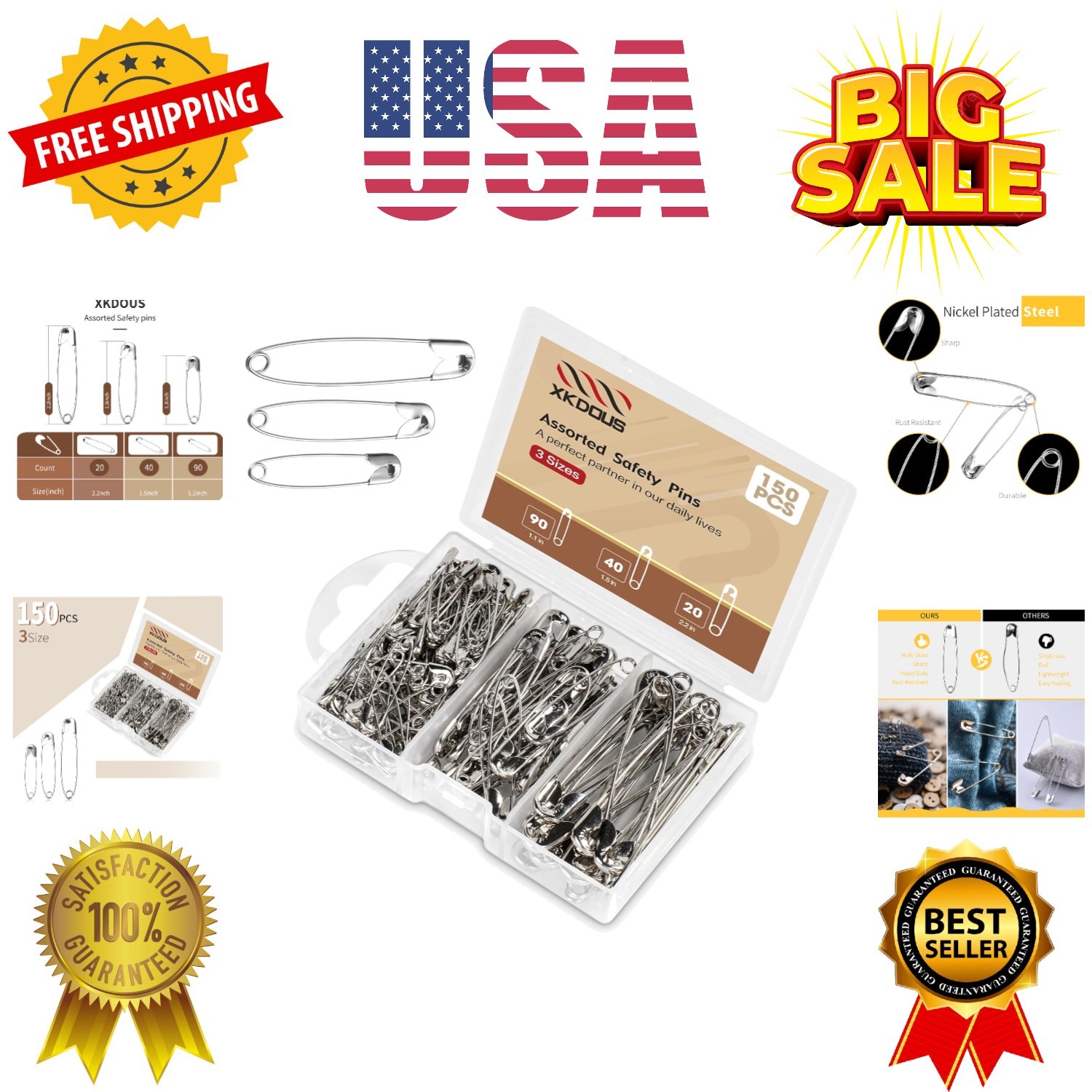 Safety Pins - 150 Pcs Assorted Sizes Silver Pins Bulk - Small & Large Heavy D...