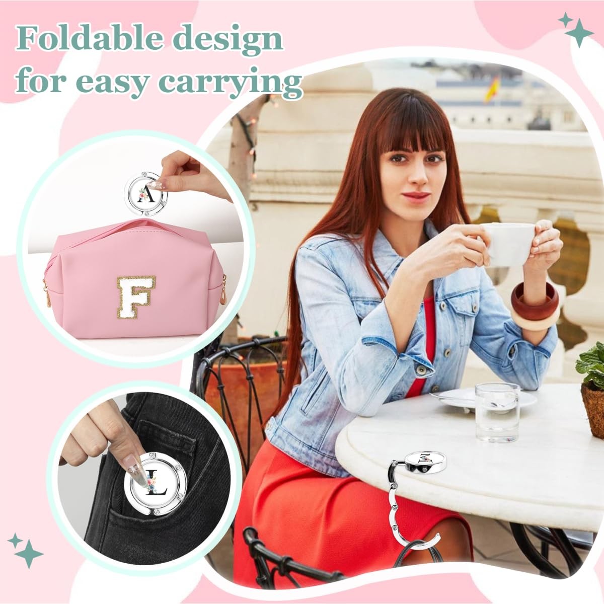 3Pcs Personalized Initial Foldable Purse Hook for Table,Crushed Flower Letter...