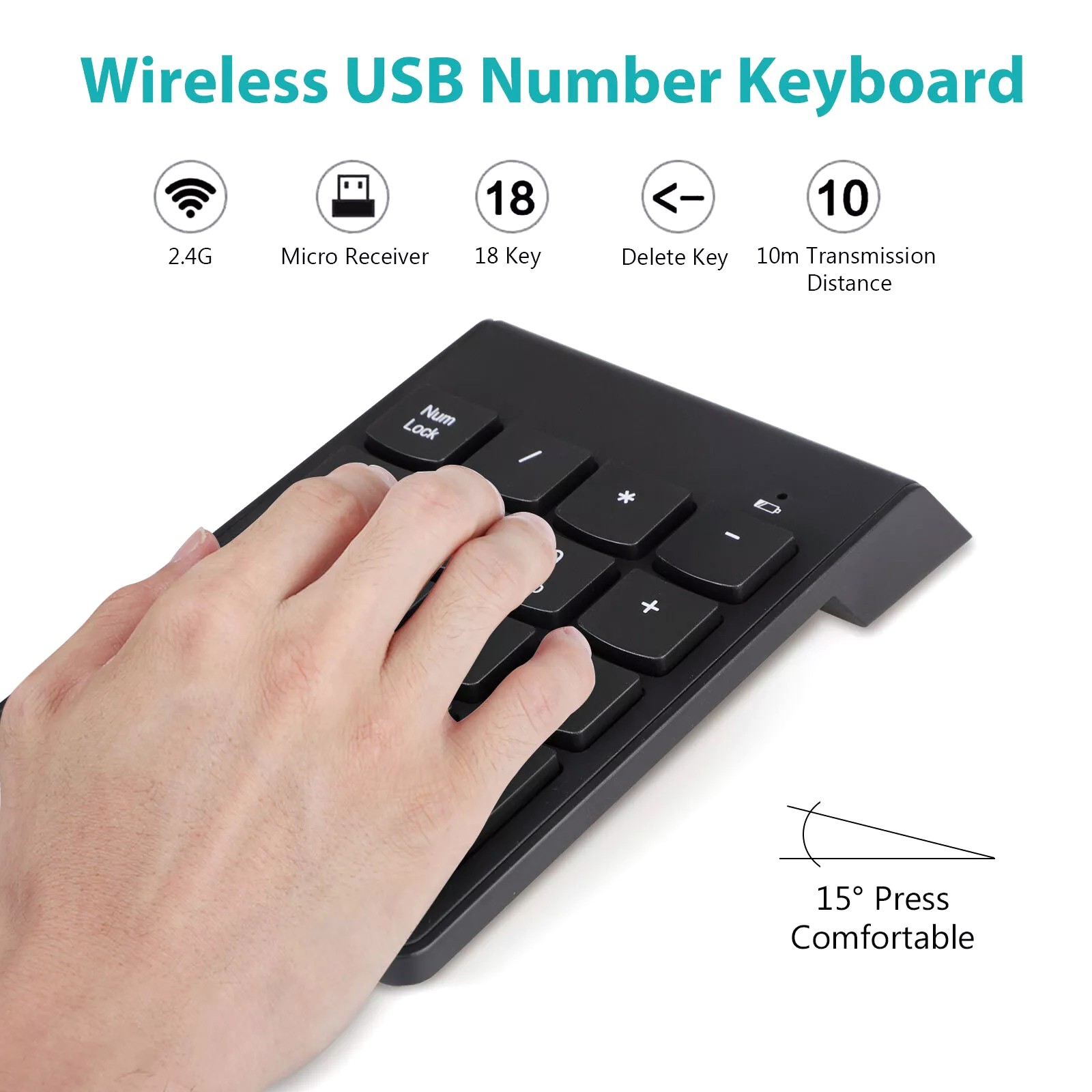 18-Key Wireless Number Keyboard W/2.4G USB Receiver 33ft Range Ergonomic Design