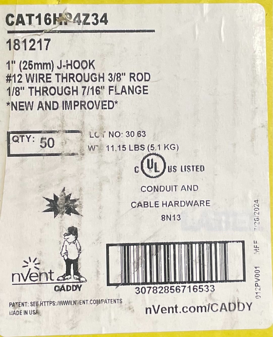 🧰 CAT16HP4Z34 1" J-Hook with Multi-Function Clip – 50 Pack (Caddy / nVent)