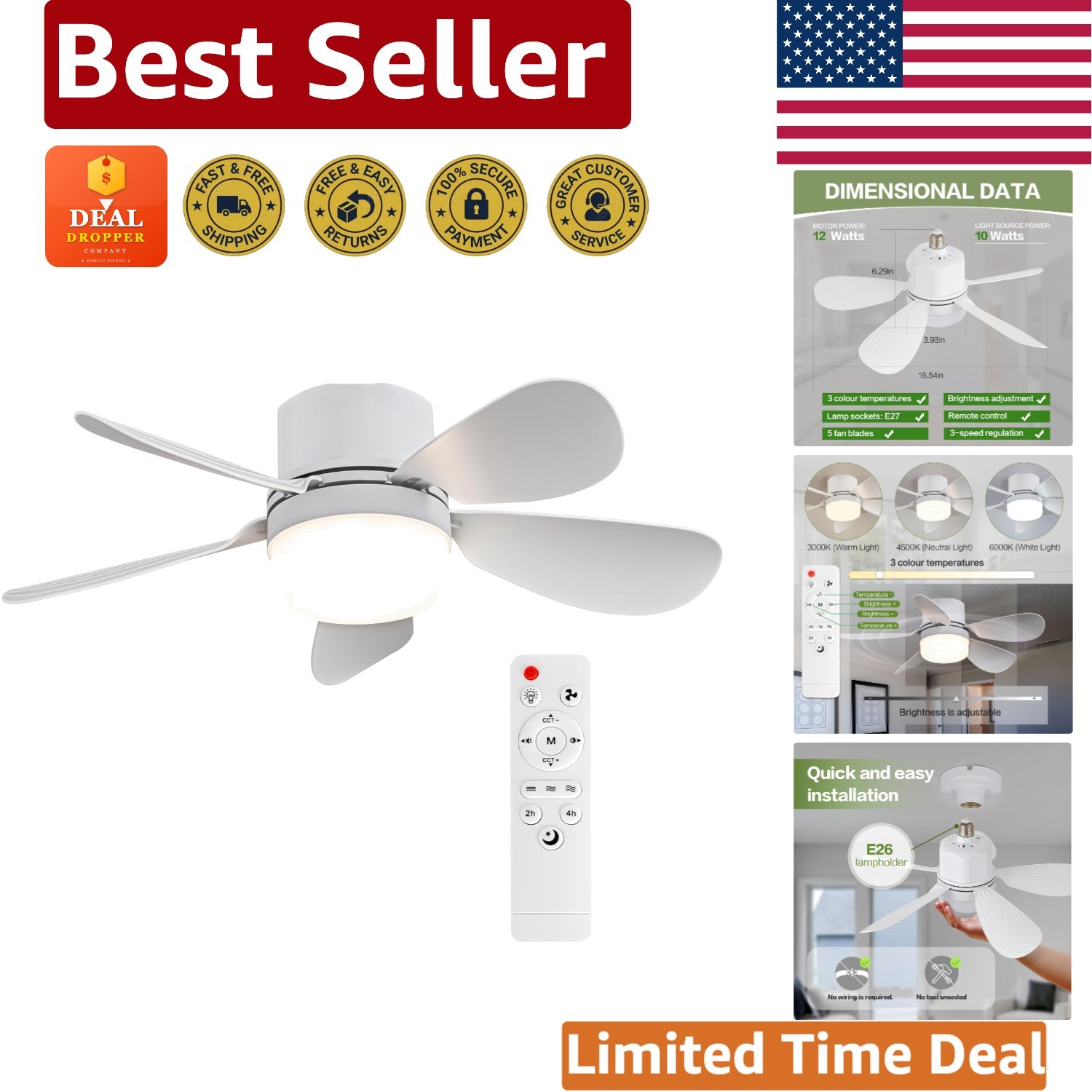Versatile Dimmable LED Ceiling Fan Light - Remote Control, 16.54 Inch Diameter