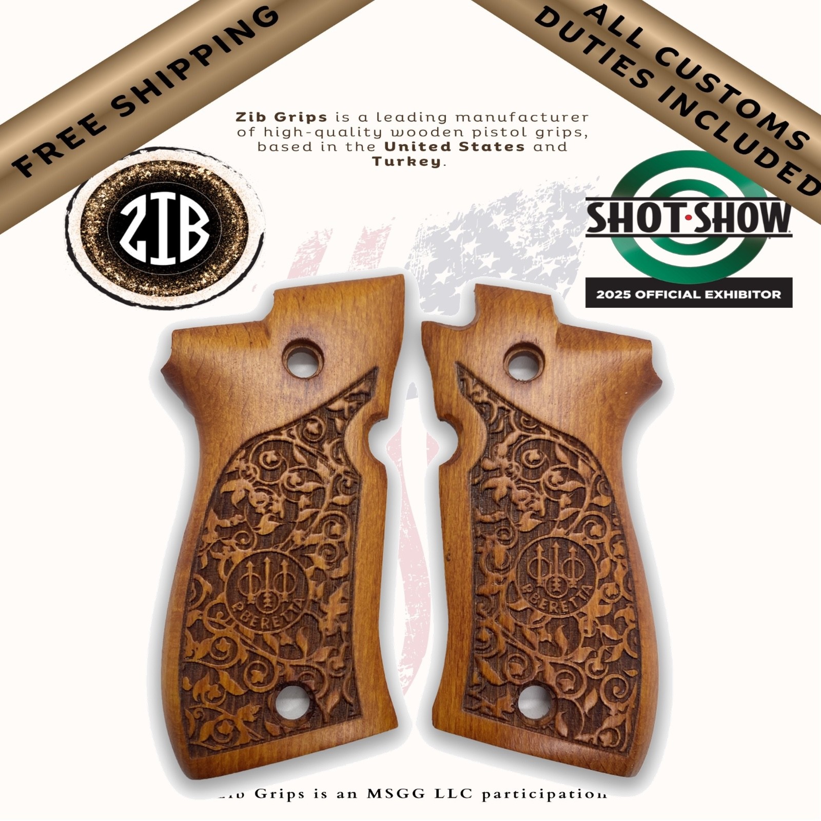 ZIB Grips Yellow Beech Fits Beretta® 81 84 84BB Cheetah Floral PB Logo Engraved