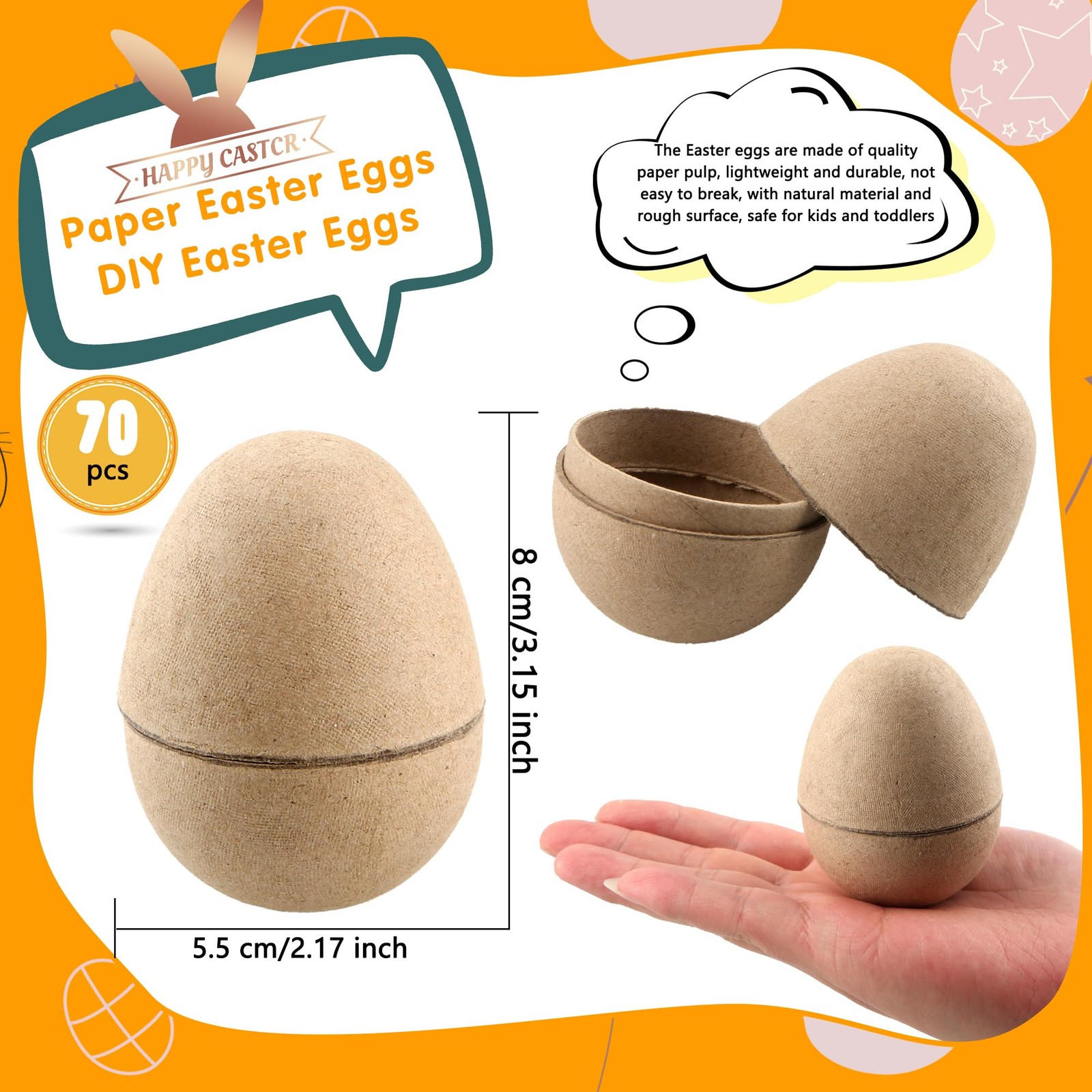 70 Pcs DIY Paper Mache Easter Eggs 3.2 Inch Empty As Shown