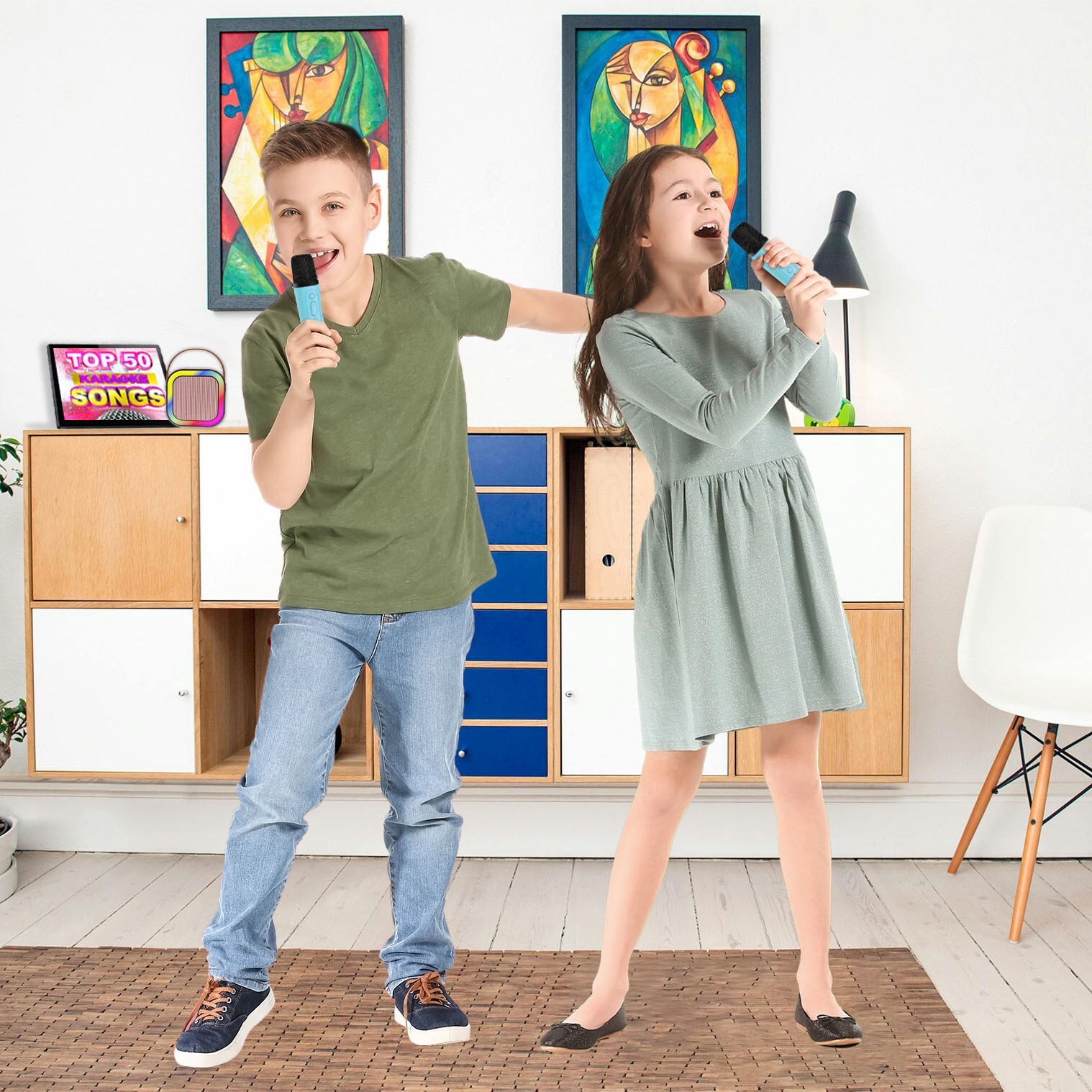 Laser Mini Karaoke Speaker with 2 Wireless Microphones Bluetooth Blue