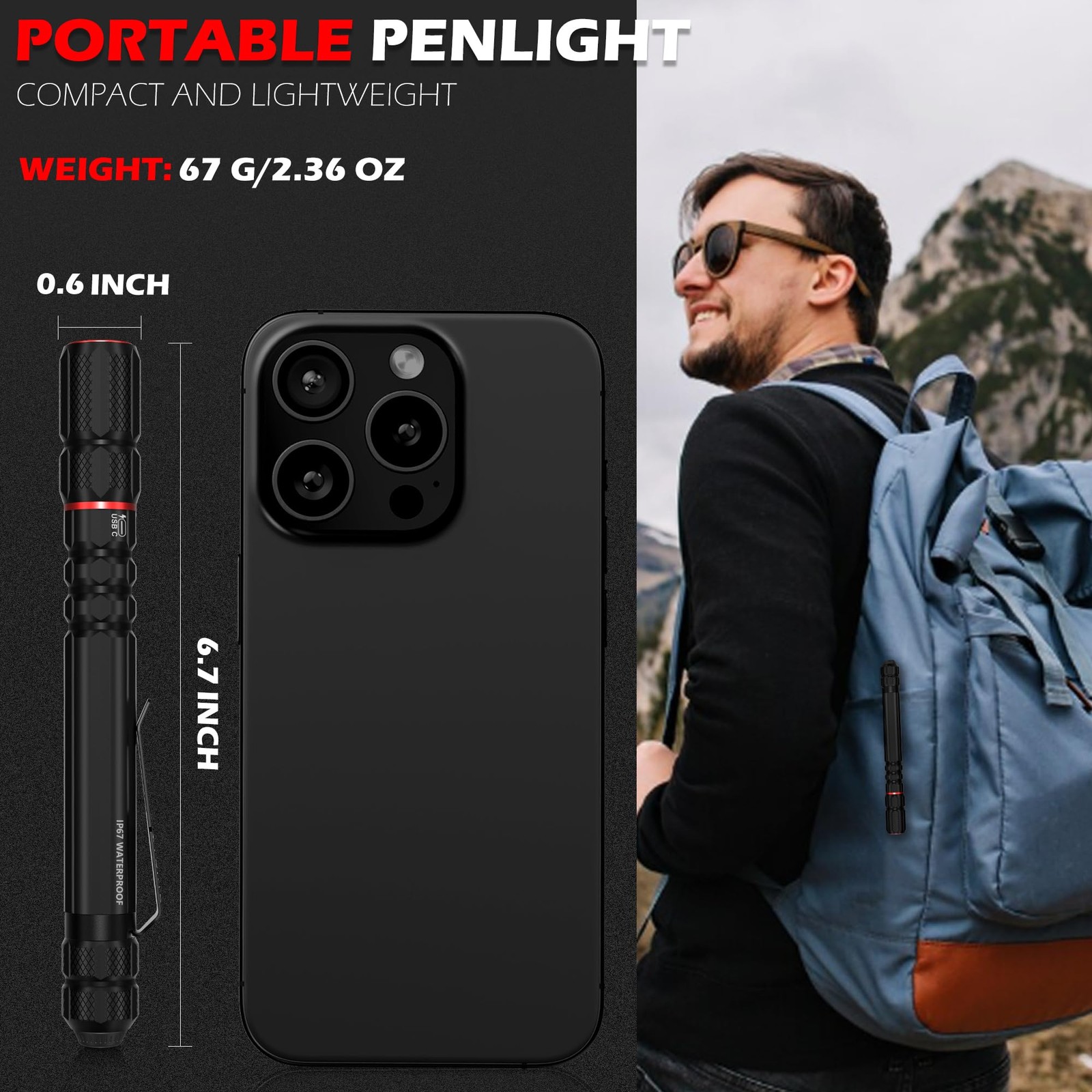 FORTO Rechargeable Pen Light Flashlight 400 Lumens Small Pocket Flashlight