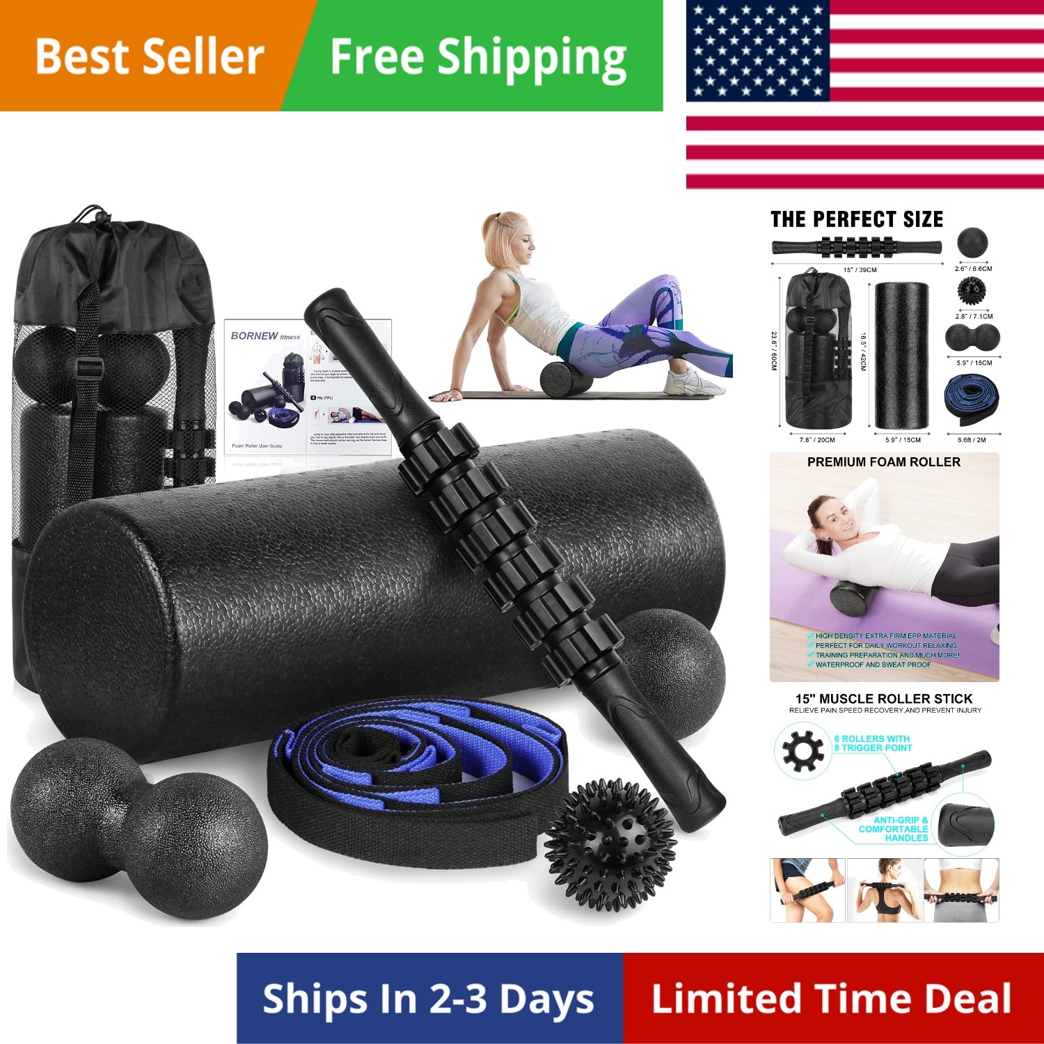 Foam Roller Set - High Density Back Roller, Muscle Roller Stick,2 Foot Fascii...