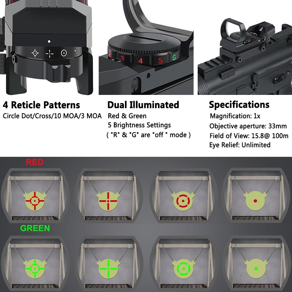 Red & Green Dot Sight Tactical Rifle Scope 4 Reticle Reflex Mount for 20mm Rails