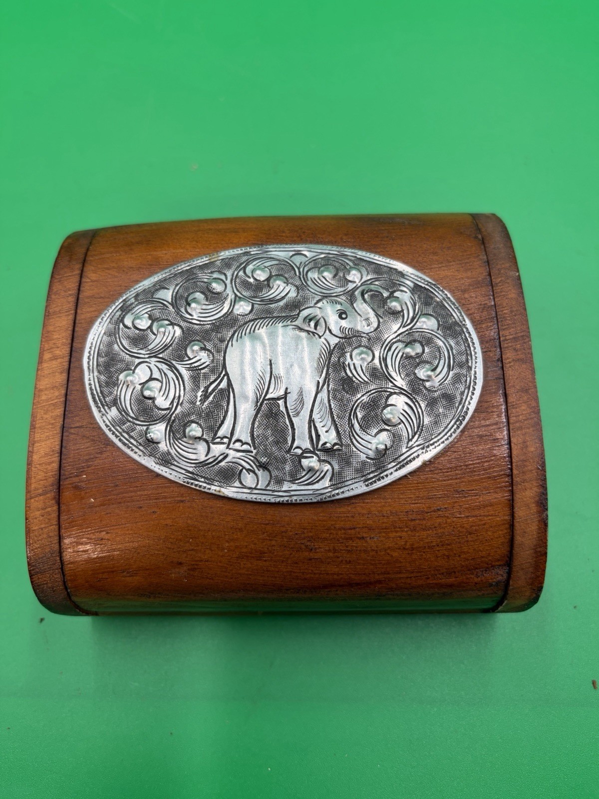 Wooden Trinket Box With Silver Elephant Design, 4” X 4.25” X 2”