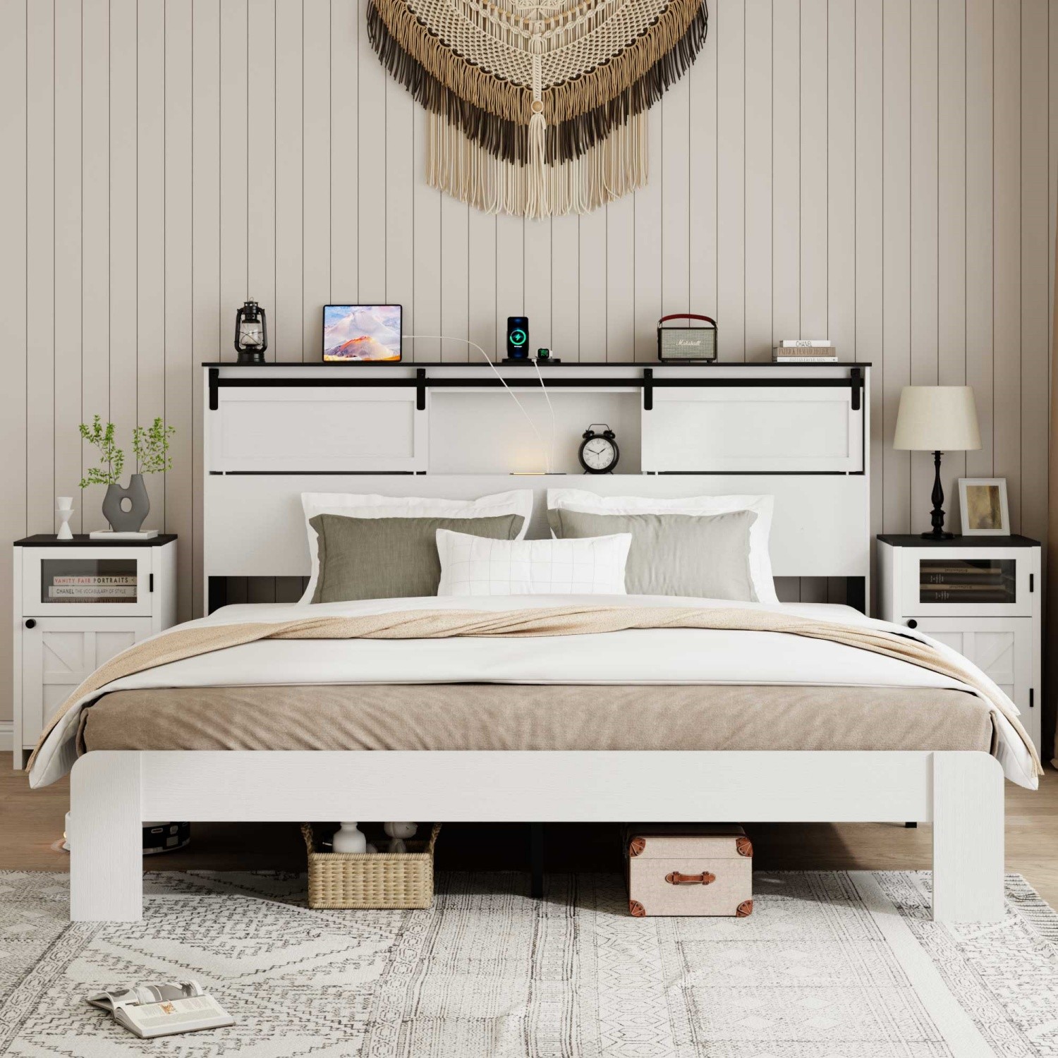 Queen King Size Platform Bed w/ Storage Headboard & LED Light & USB Port White