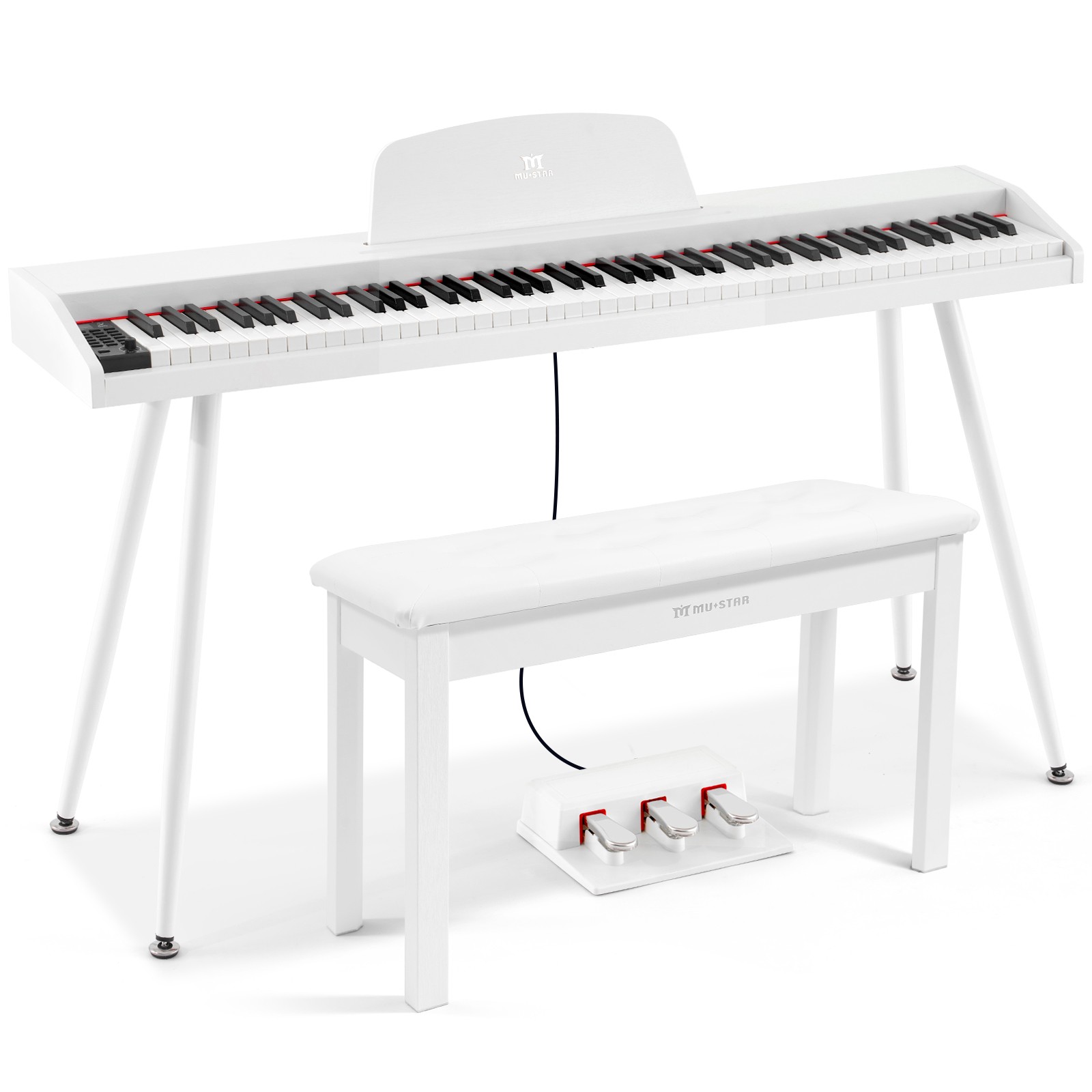 White 88Keys Semi Weighted Digital Piano Dual Keyboard w/Bench,Triple Pedal,MIDI