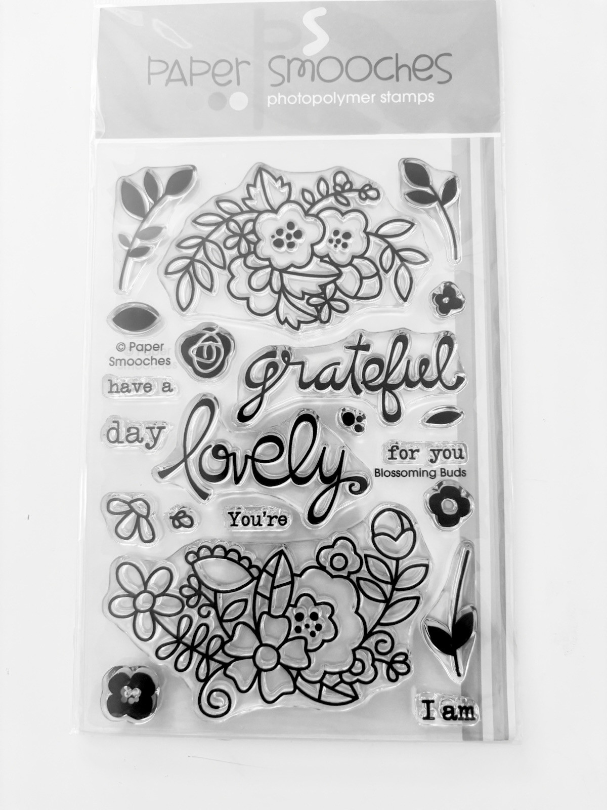Paper Smooches Blossoming Buds Photopolymer Cling Stamps "Lovely" "Grateful"