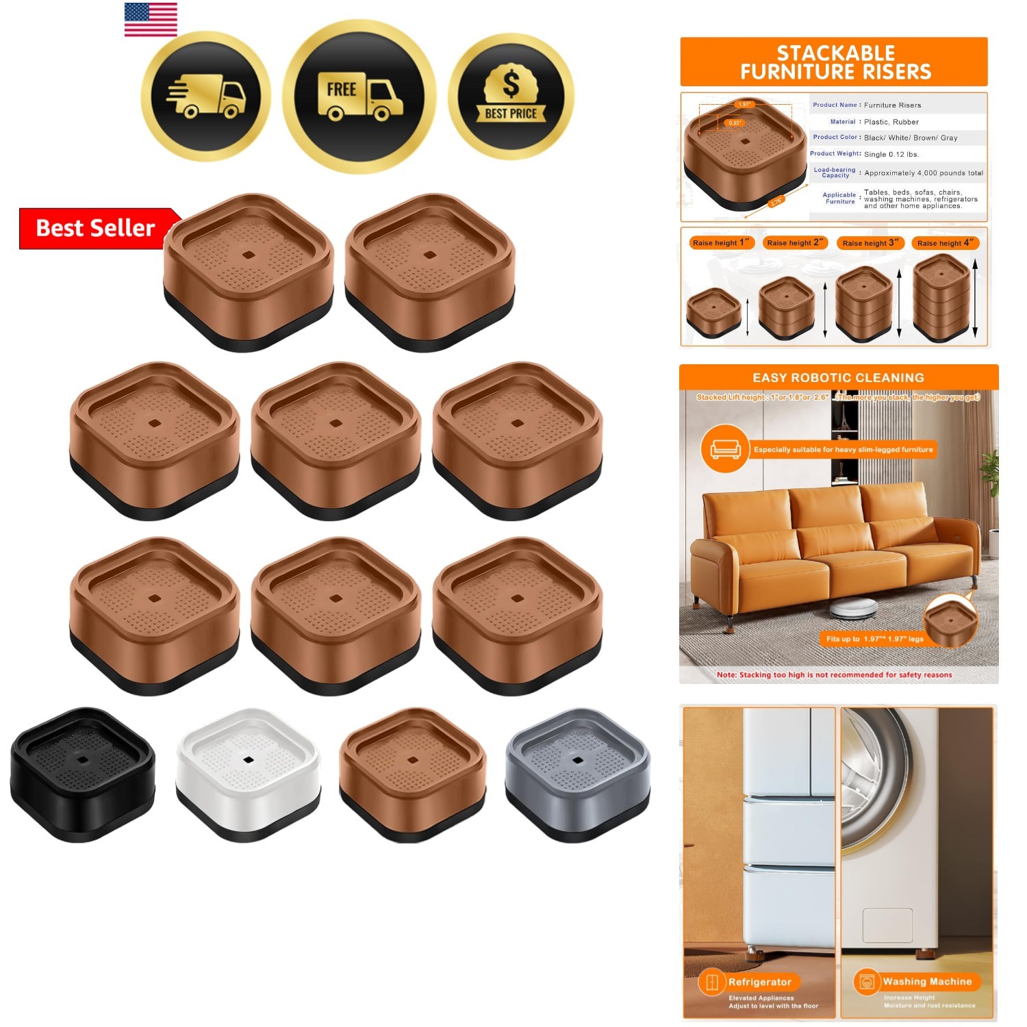 8 Pack Furniture Risers Adjustable Bed Risers Heavy Duty Lifts Height 1", Squ...