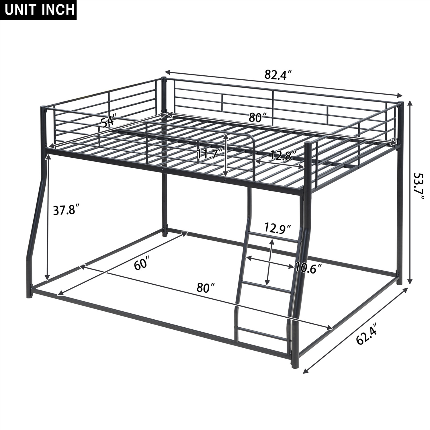 Full XL Over Queen Bunk Bed Heavy Duty Metal Floor Bunk Bed Frame with Ladder