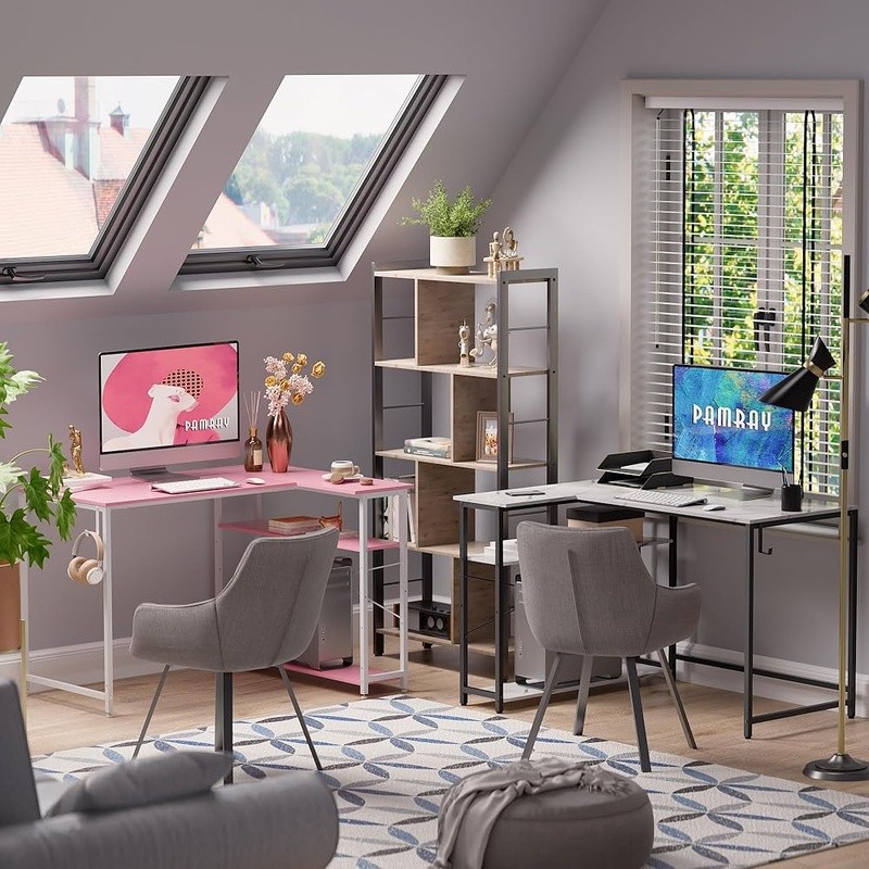 L-Shaped Computer Desk W/ Reversible Shelves Ample Storage Home Office Gaming US