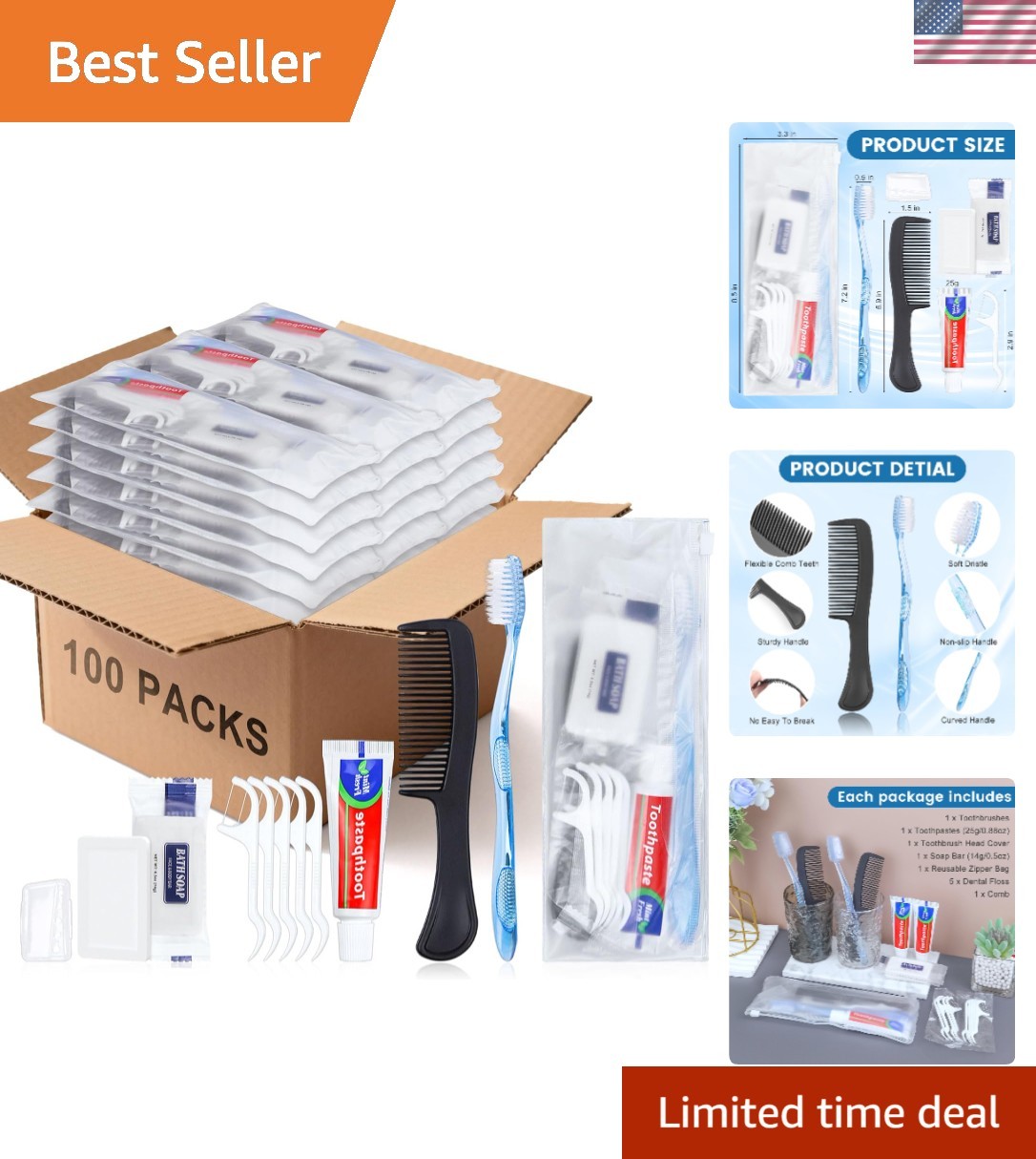 100 Sets 7-IN-1 Personal Hygiene Kit for Travel, Charity & Homeless Support