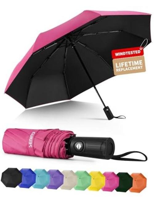 Windproof Travel Umbrella, Automatic Umbrellas for Rain, Portable & Pink