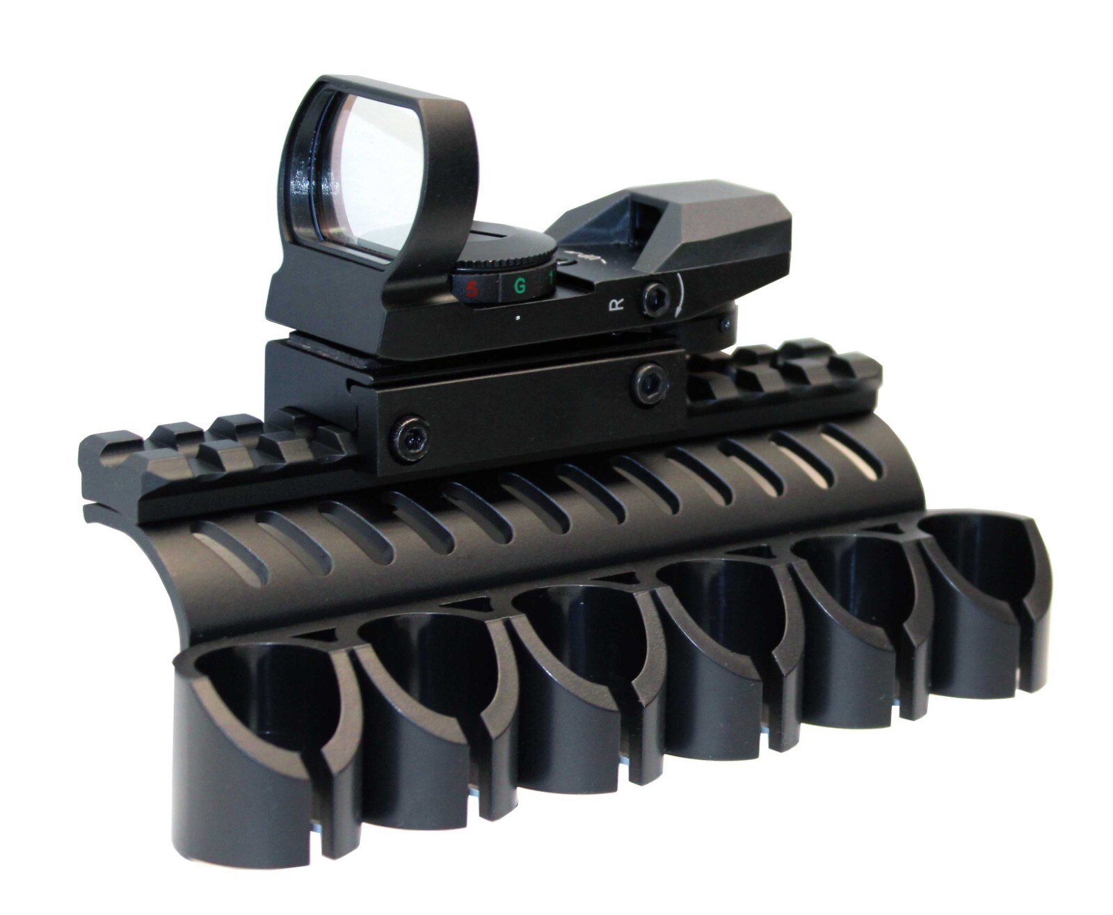 Mossberg 500 12 gauge pump picatinny rail shell carrier and reflex sight combo.