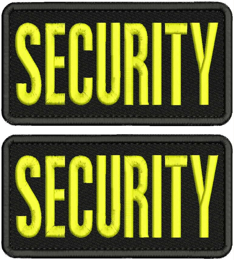 SECURITY 2 EMBROIDERY PATCHES 3X6 HOOK ON BACK YELLOW ON BLACK