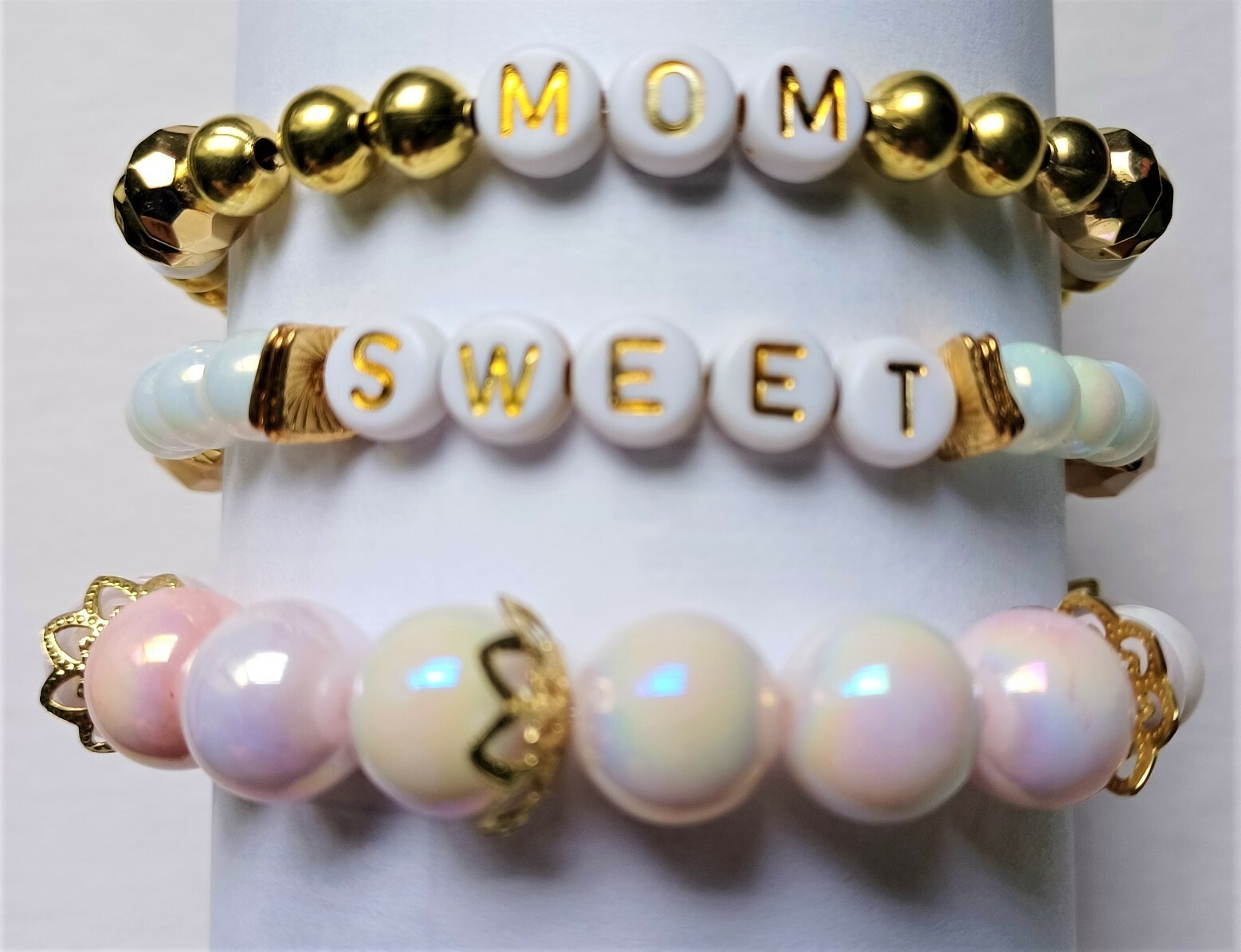 Sweet Mom Stretchy Bracelet Stack Gold and Pearl