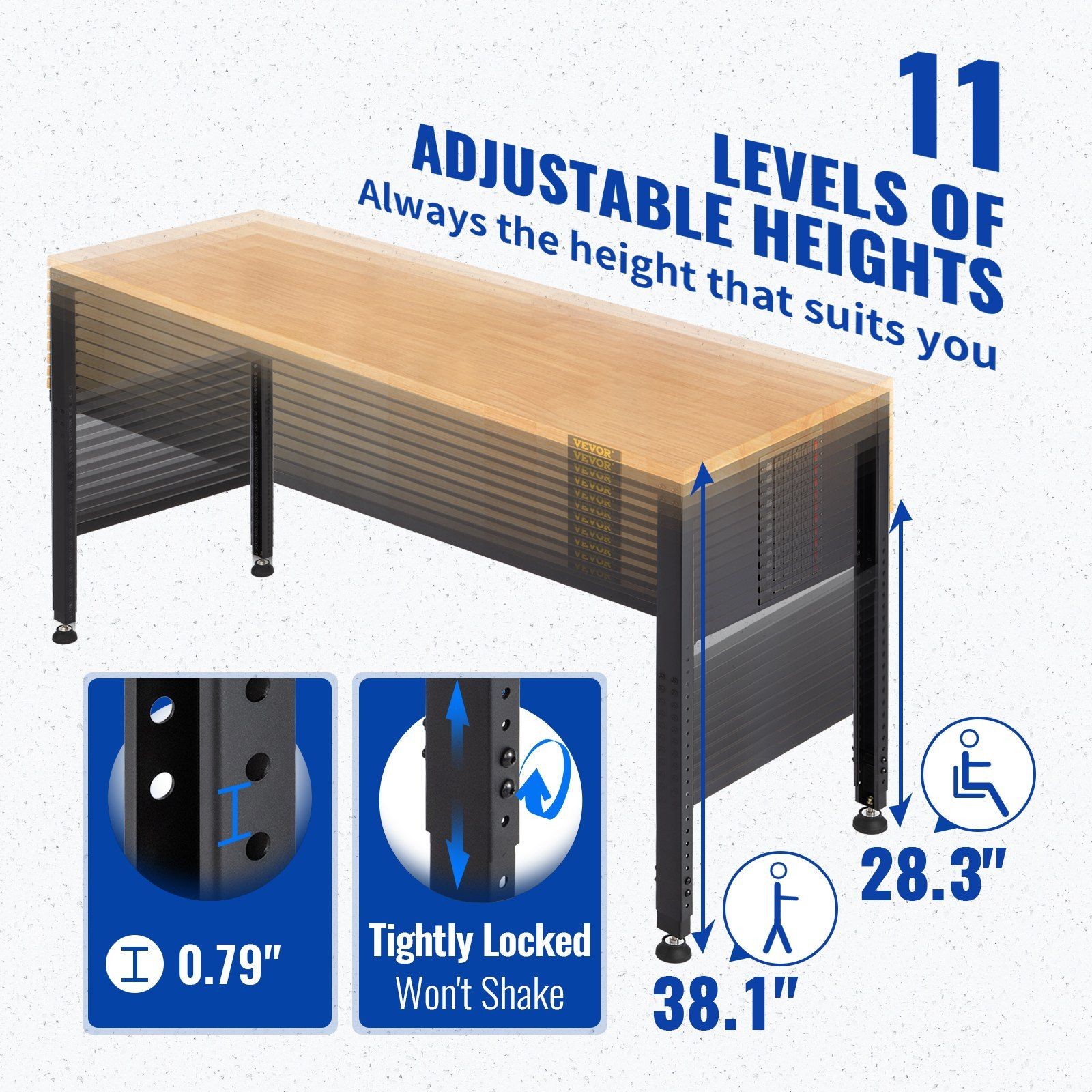 48" Workbench 2000LBS Capacity Adjustable Height w/ Power Outlets Hardwood Top