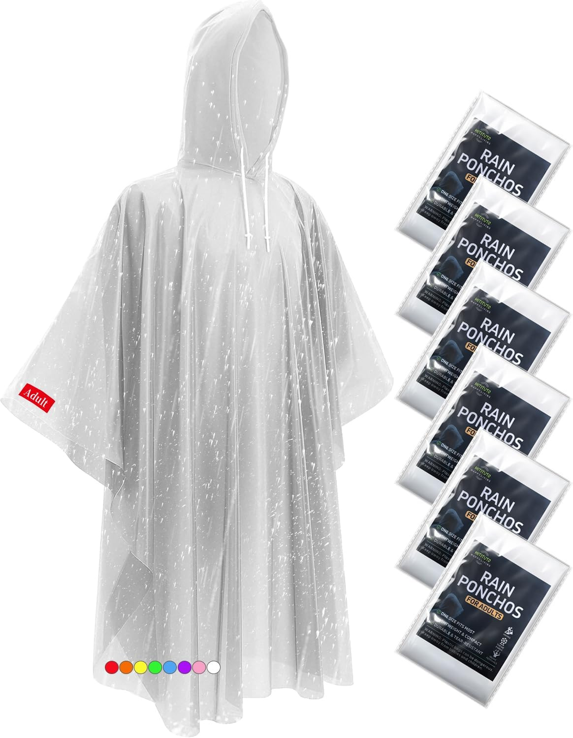 6 Pack Adult Rain Ponchos – Extra Long Emergency Poncho with Hood, Survival Kits