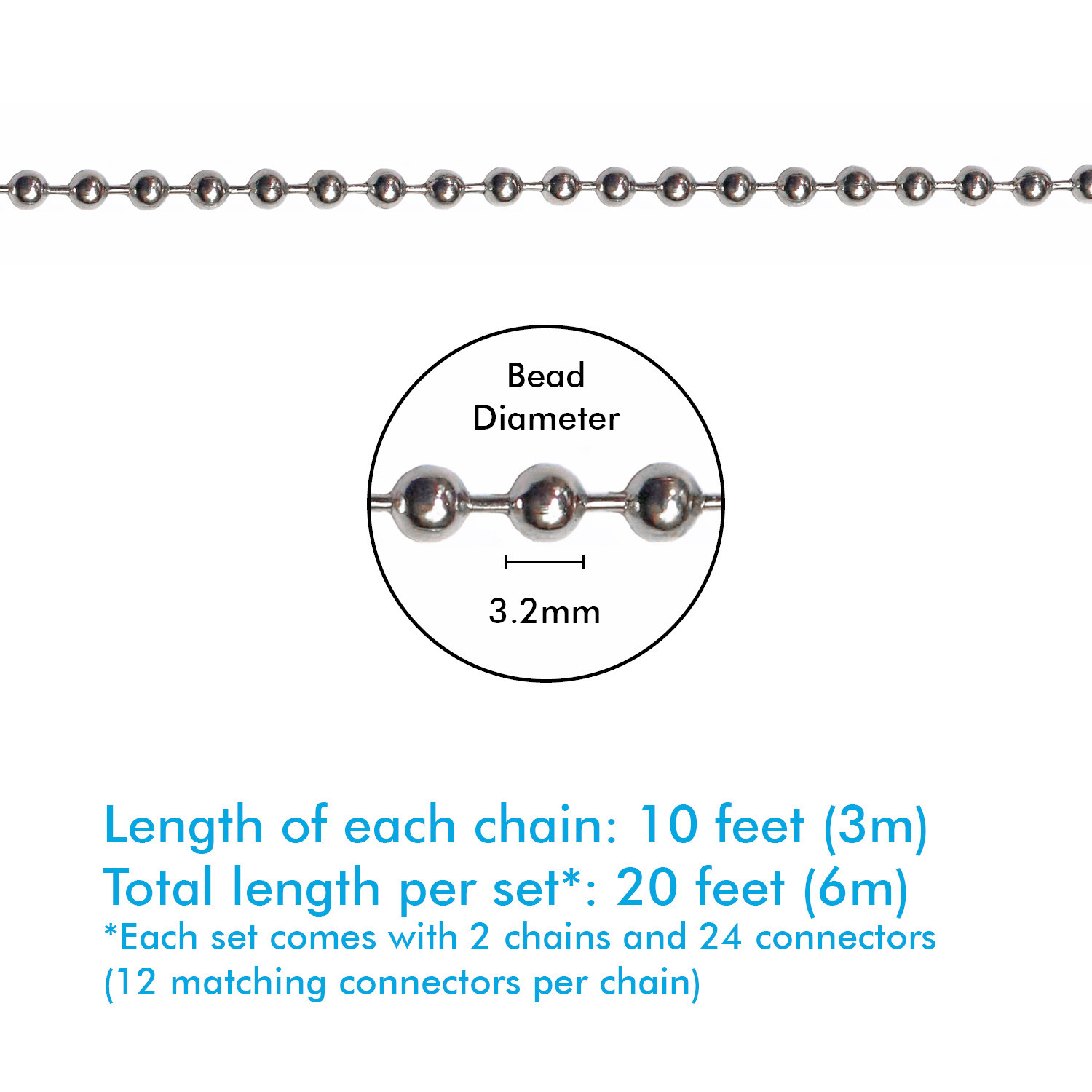 2pack Beaded Pull Chain Extension with Connector 10 Feet Beaded Roller Chain