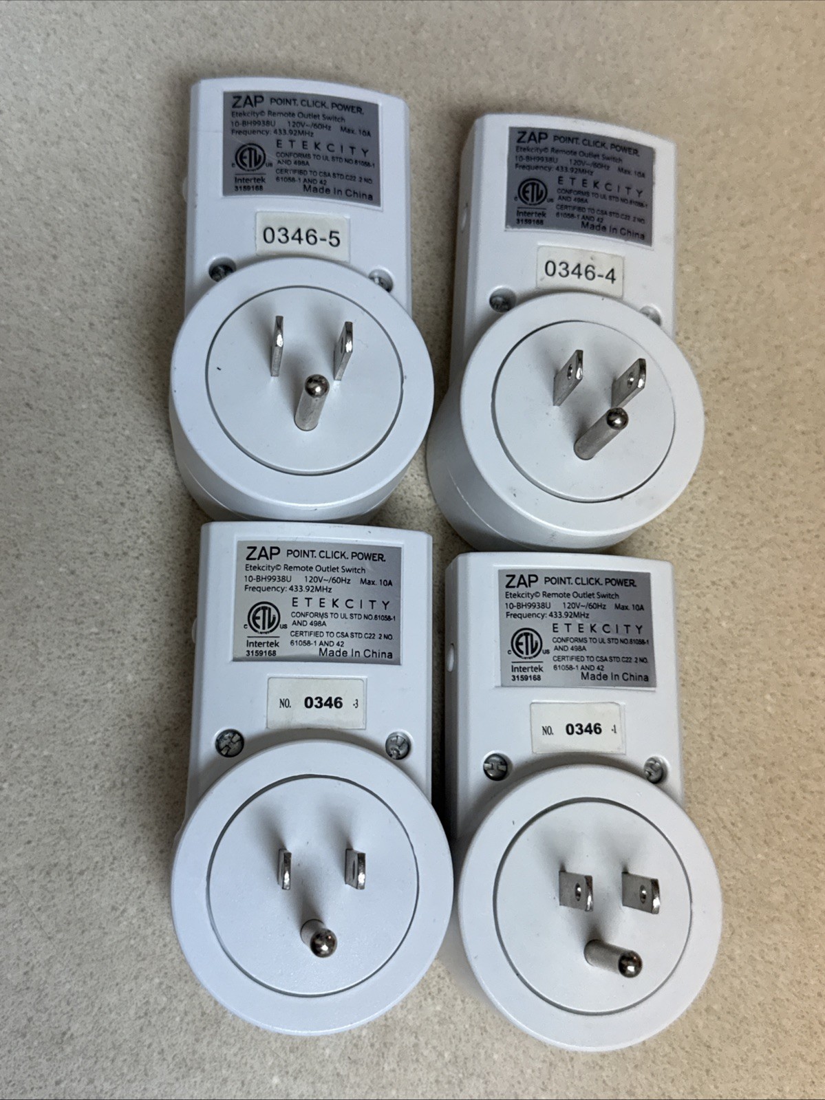 Lot of 4 ETEKCITY Zap 10-BU9938U Remote Outlet Switch 120V 60Hz with  not Remote