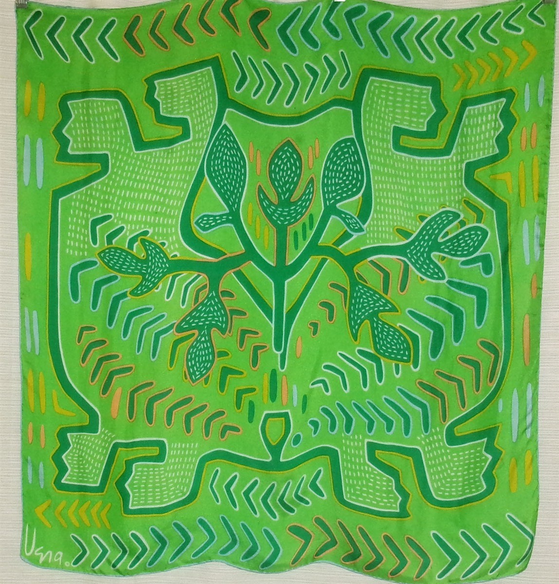 Vera Neumann Silk Scarf Mola GREEN & Yellow Abstract Design Japan EUC 30" RARE