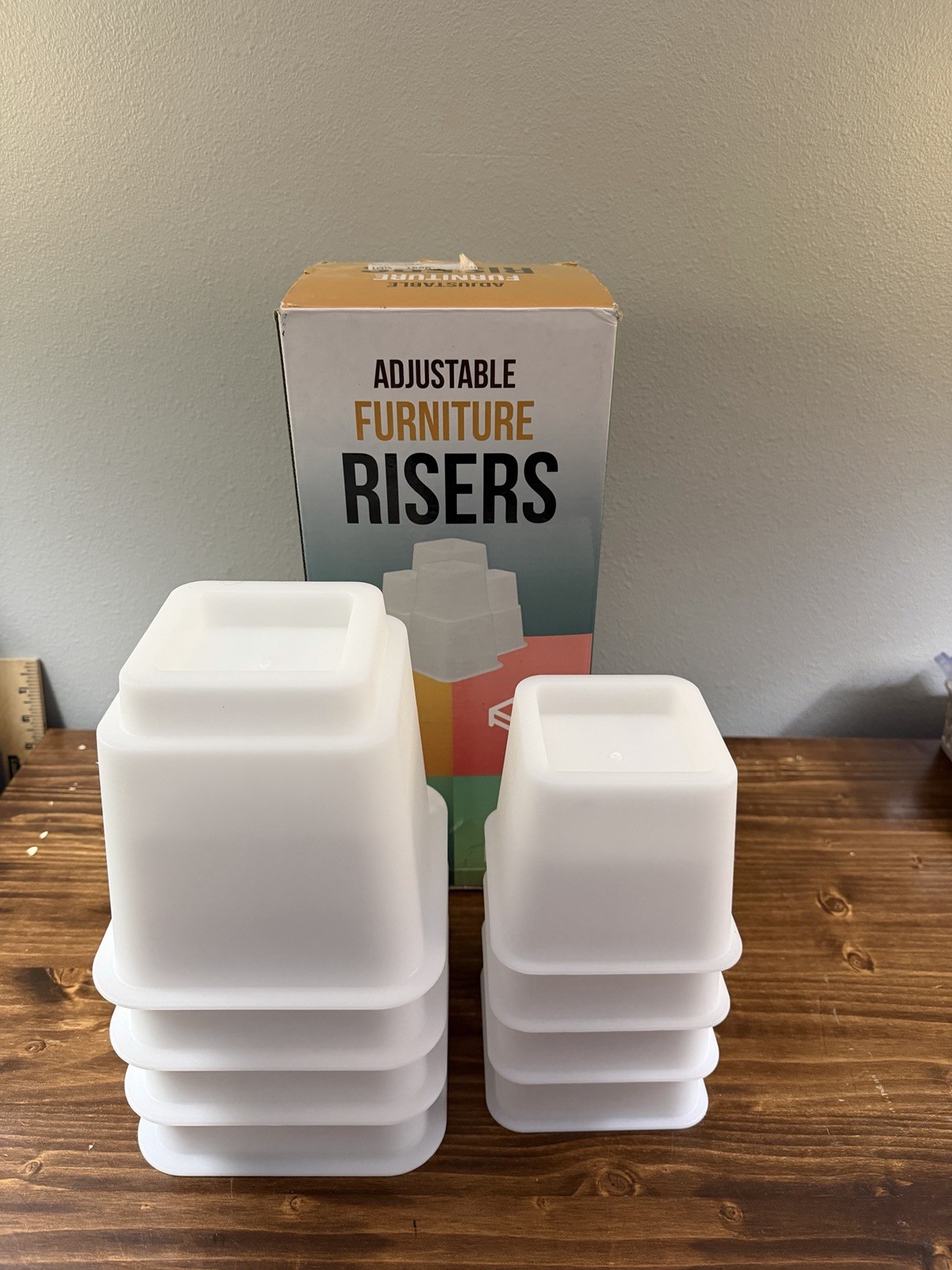 White Adjustable Bed/Furniture Risers - 8 Total (4 Base, 4 Riser)