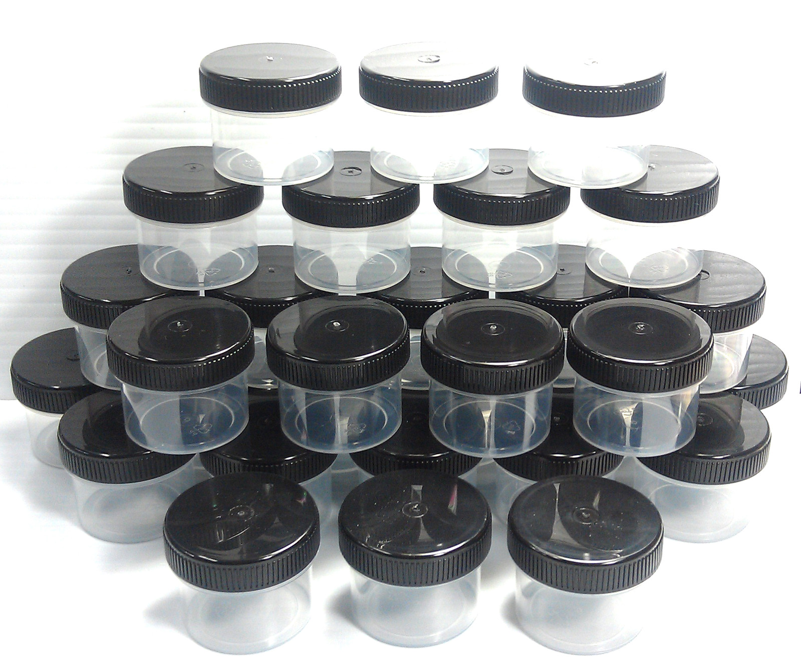 USA 20 Small Plastic Jars 1 ounce Clear Container Black Cap Lids Screw Tops 4304