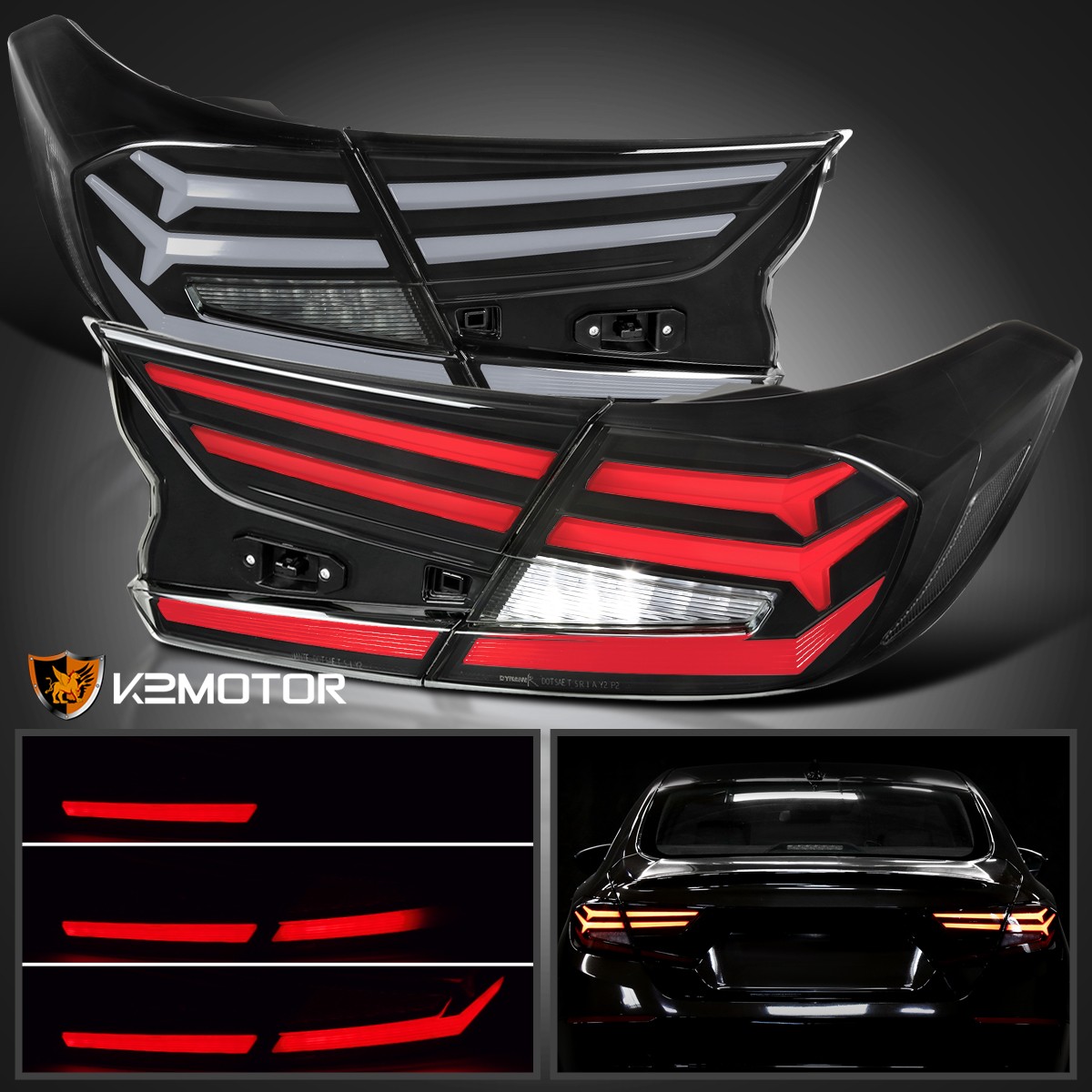Black Fits 2018-2022 Honda Accord Sedan Tail Lights LED Sequential Signal Lamps