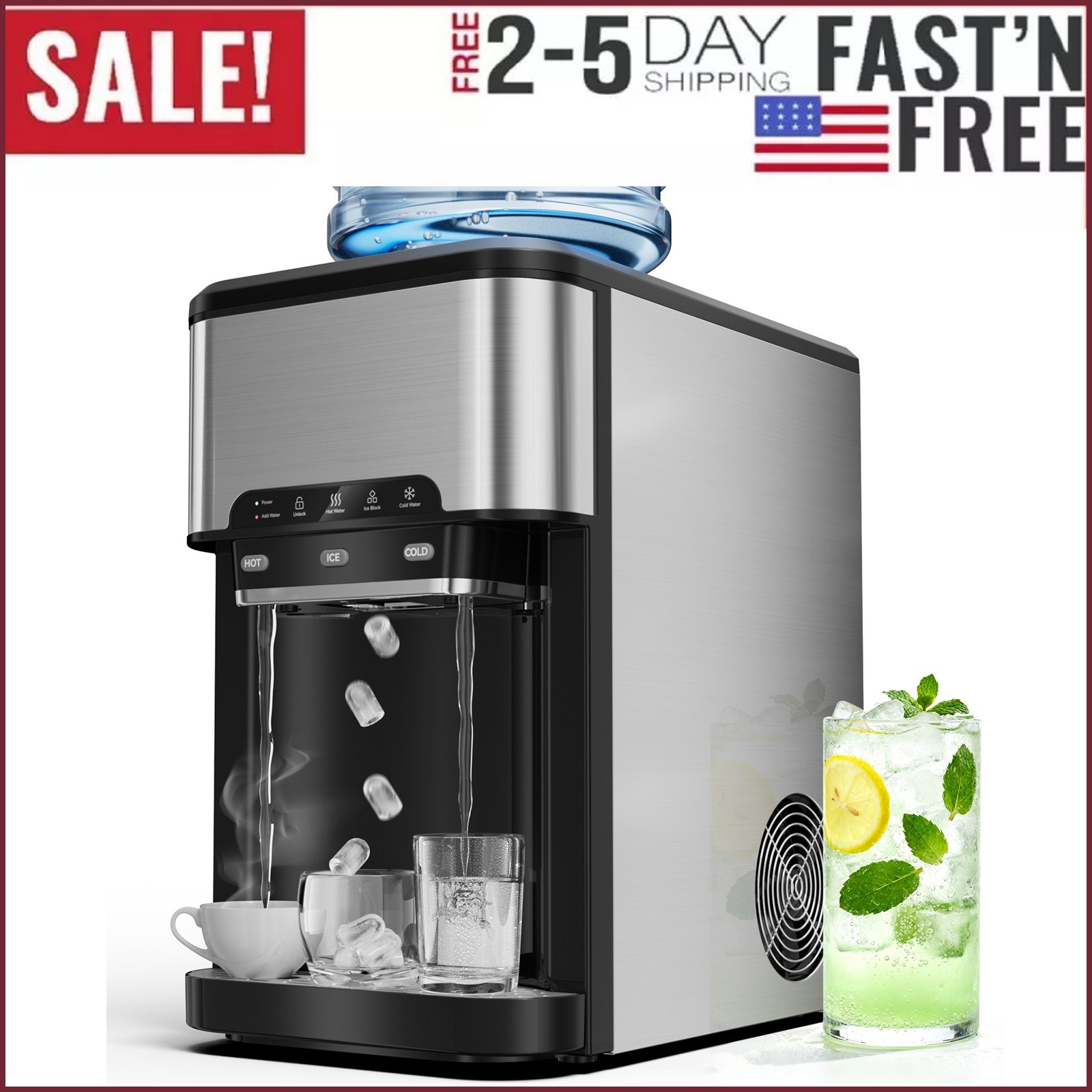 3-in-1 Water Cooler Dispenser with Ice Maker Countertop Cold/Hot Water Dispenser