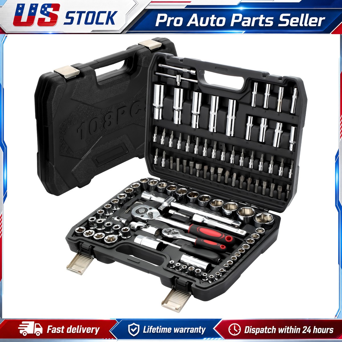 Socket Ratchet Wrench Set 108Pcs Kit 6-Point Drive Metric Box Included