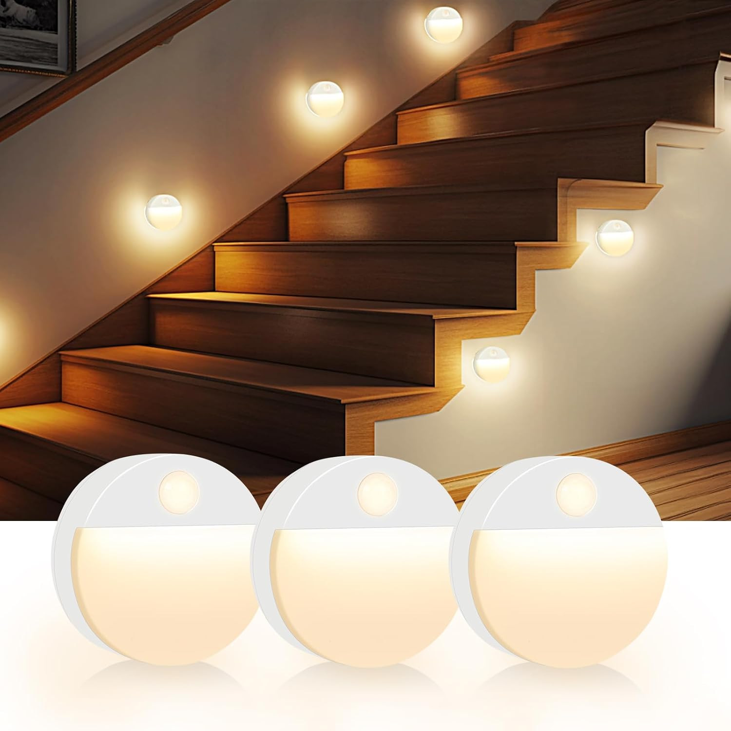 Guankai 3 Pack Motion Sensor Stair Light for Indoor, Battery Operated Closet Lig