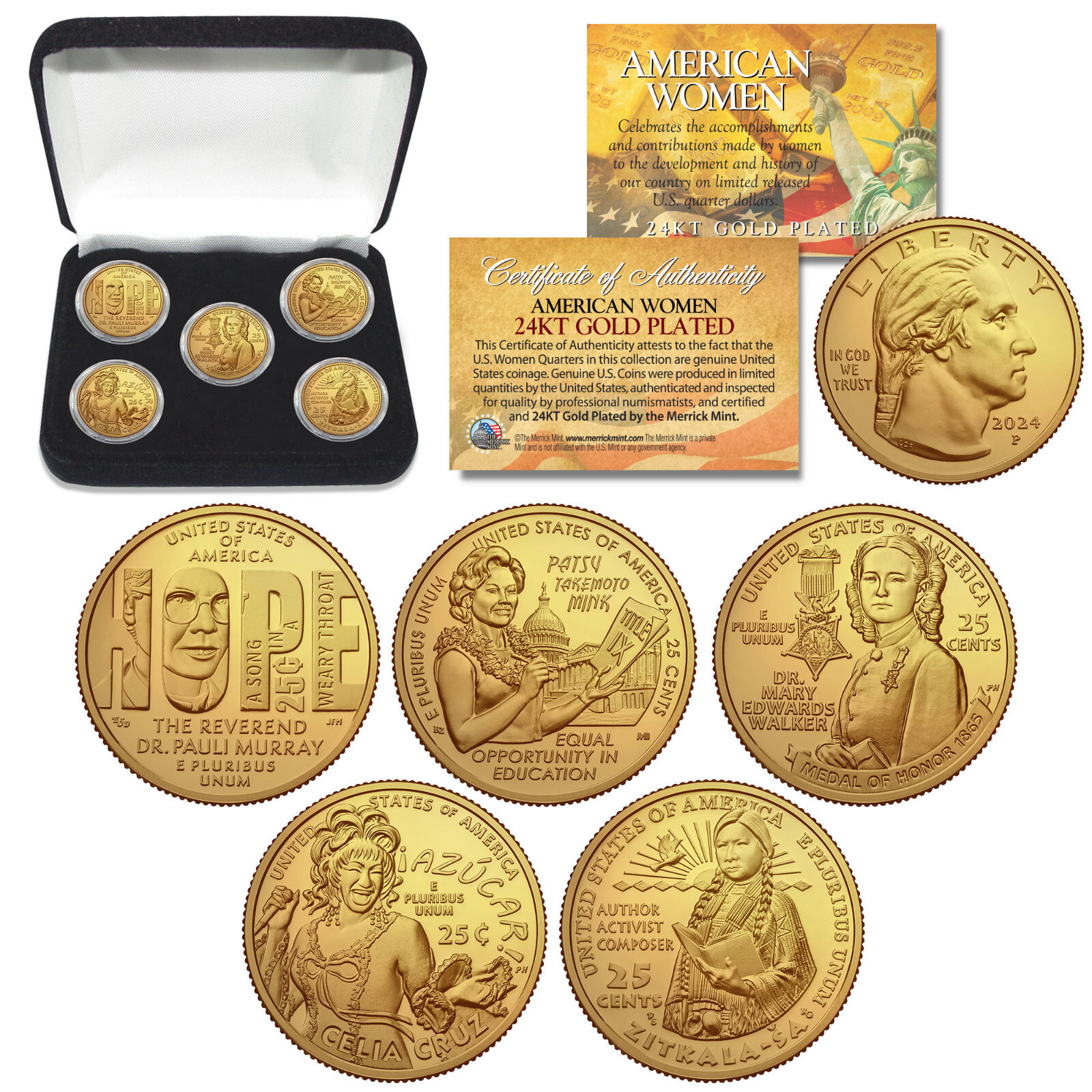 2024 24K GOLD AMERICAN WOMEN Quarters US Mint 5-Coin Full Set in Capsules w/ Box