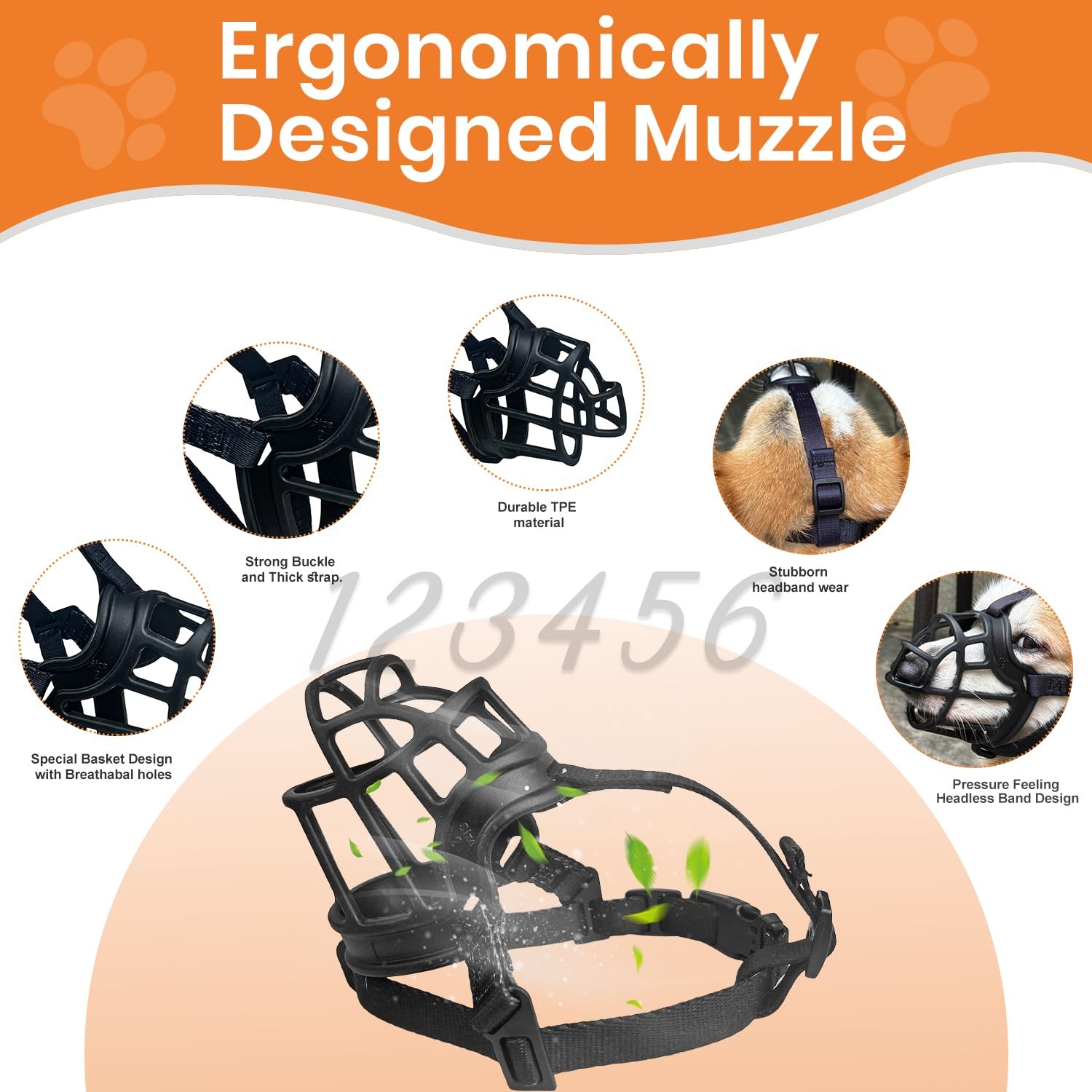 Dog Muzzle, Basket Muzzle Anti Biting Chewing, Sturdy Size 6, Black