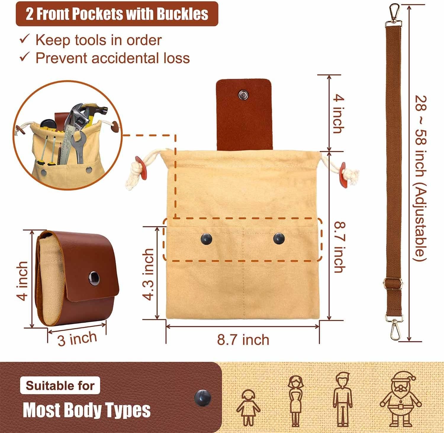 Foraging Bag with Front Pockets & Adjustable Shoulder Strap Canvas Khaki